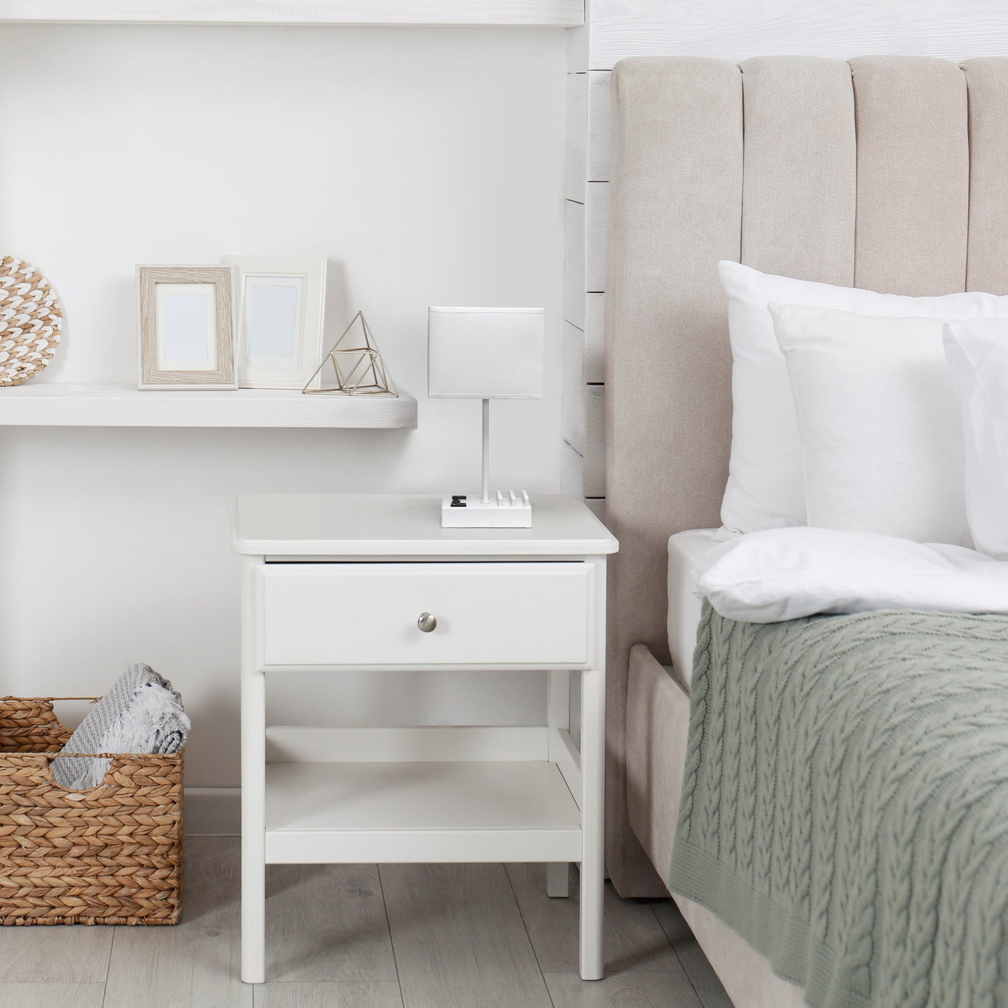 All The Rages Simple Designs White 15" Multi-Use Table Lamp With 2 USB Ports & Charging Outlet With White Fabric Shade