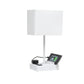 All The Rages Simple Designs White 15" Multi-Use Table Lamp With 2 USB Ports & Charging Outlet With White Fabric Shade