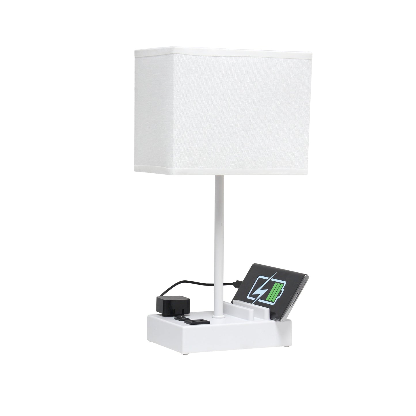 All The Rages Simple Designs White 15" Multi-Use Table Lamp With 2 USB Ports & Charging Outlet With White Fabric Shade