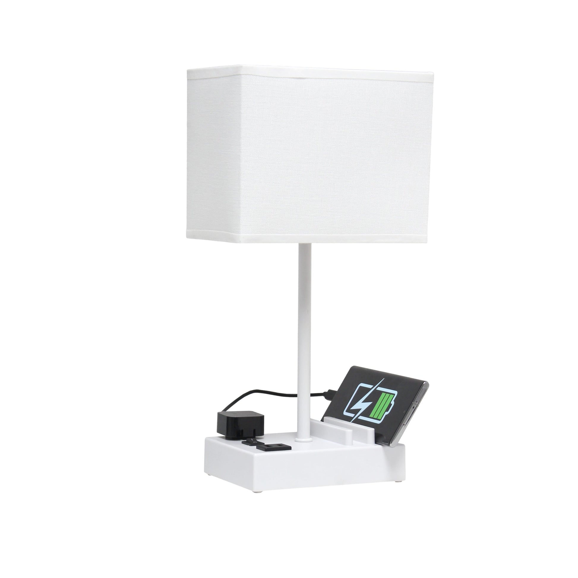 All The Rages Simple Designs White 15" Multi-Use Table Lamp With 2 USB Ports & Charging Outlet With White Fabric Shade