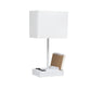 All The Rages Simple Designs White 15" Multi-Use Table Lamp With 2 USB Ports & Charging Outlet With White Fabric Shade