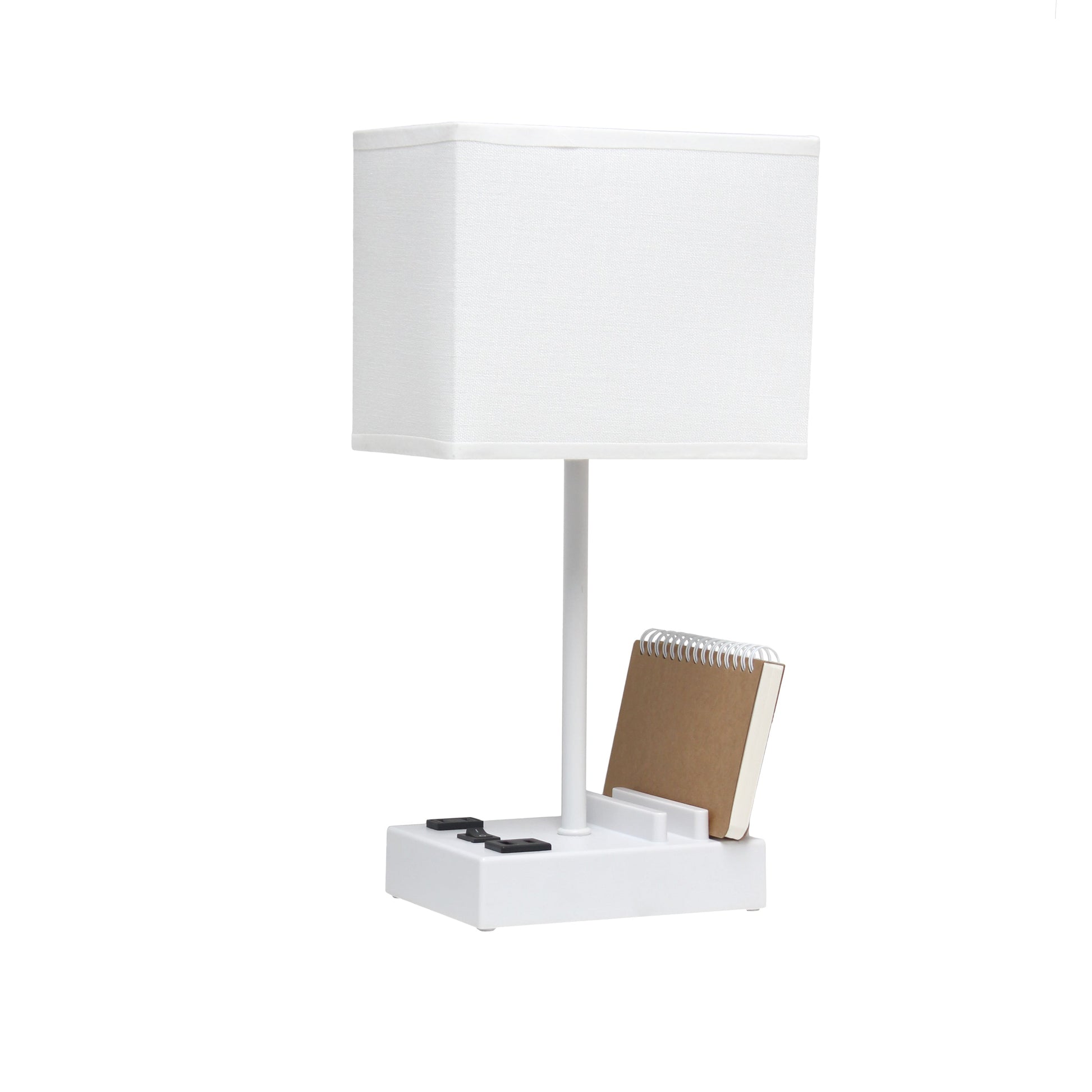 All The Rages Simple Designs White 15" Multi-Use Table Lamp With 2 USB Ports & Charging Outlet With White Fabric Shade