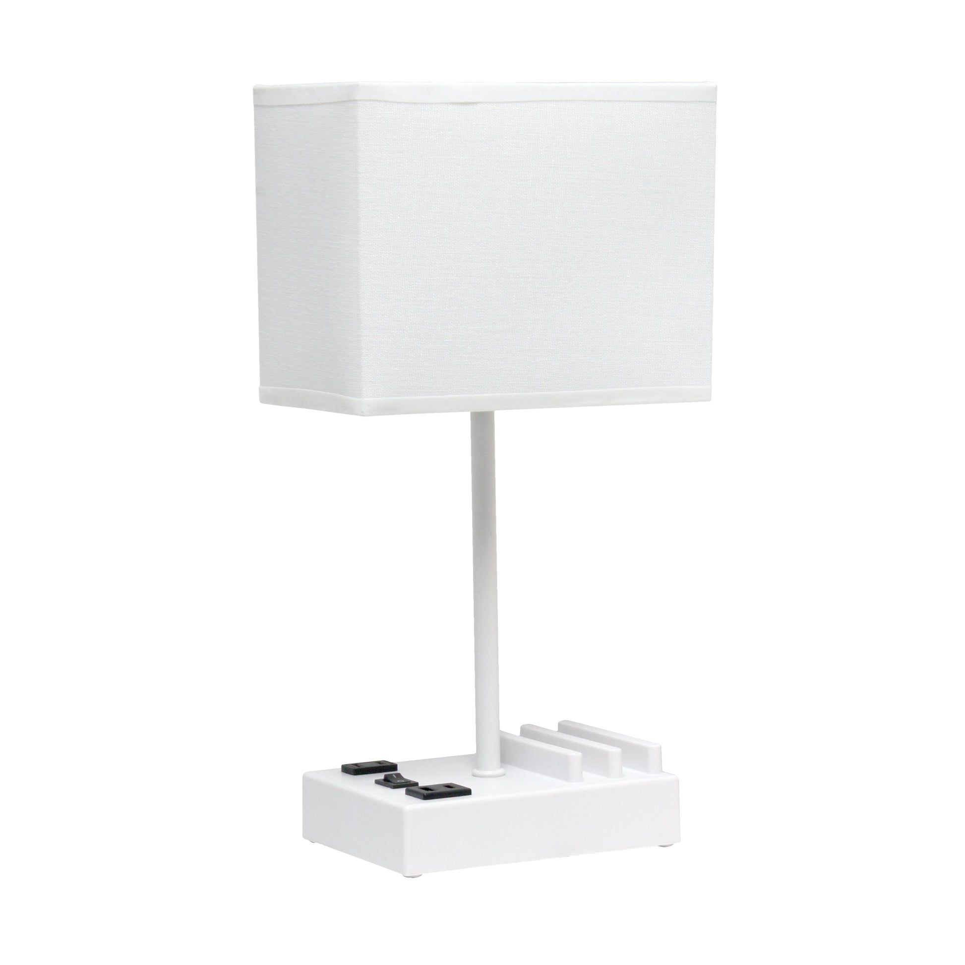 All The Rages Simple Designs White 15" Multi-Use Table Lamp With 2 USB Ports & Charging Outlet With White Fabric Shade