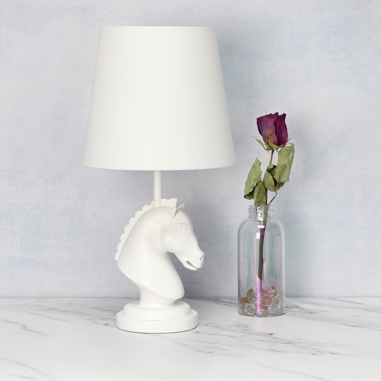 All The Rages Simple Designs White 17" Tall Polyresin Decorative Chess Horse Shaped Table Lamp With White Tapered Fabric Shade