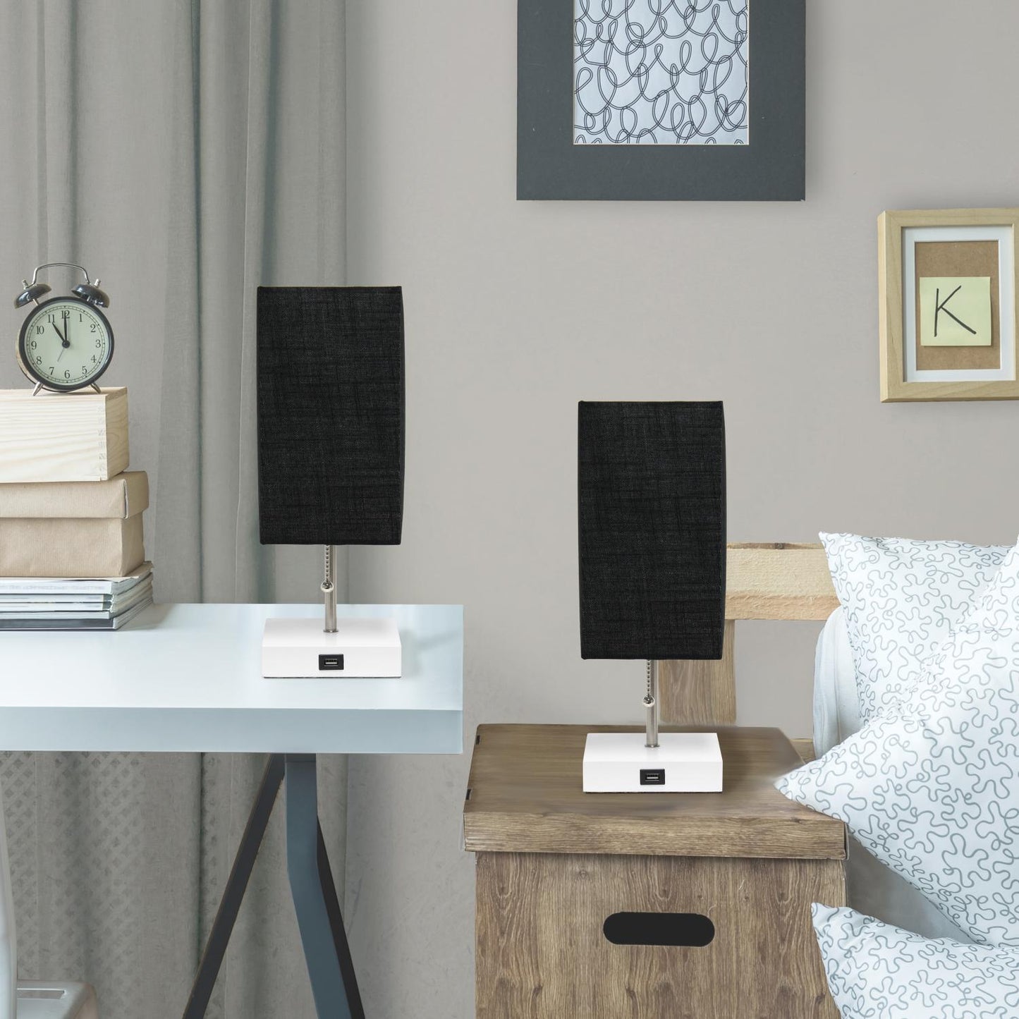 All The Rages Simple Designs White 2-Pack Table Lamps With USB Charging Port & Black Fabric Shades