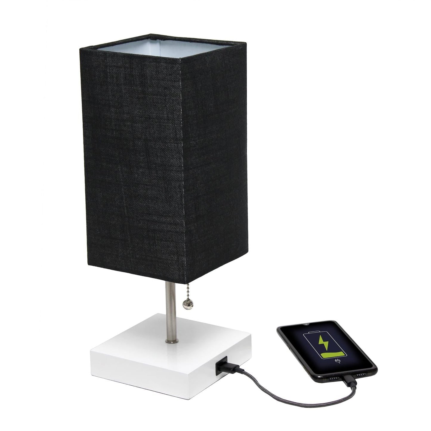 All The Rages Simple Designs White 2-Pack Table Lamps With USB Charging Port & Black Fabric Shades