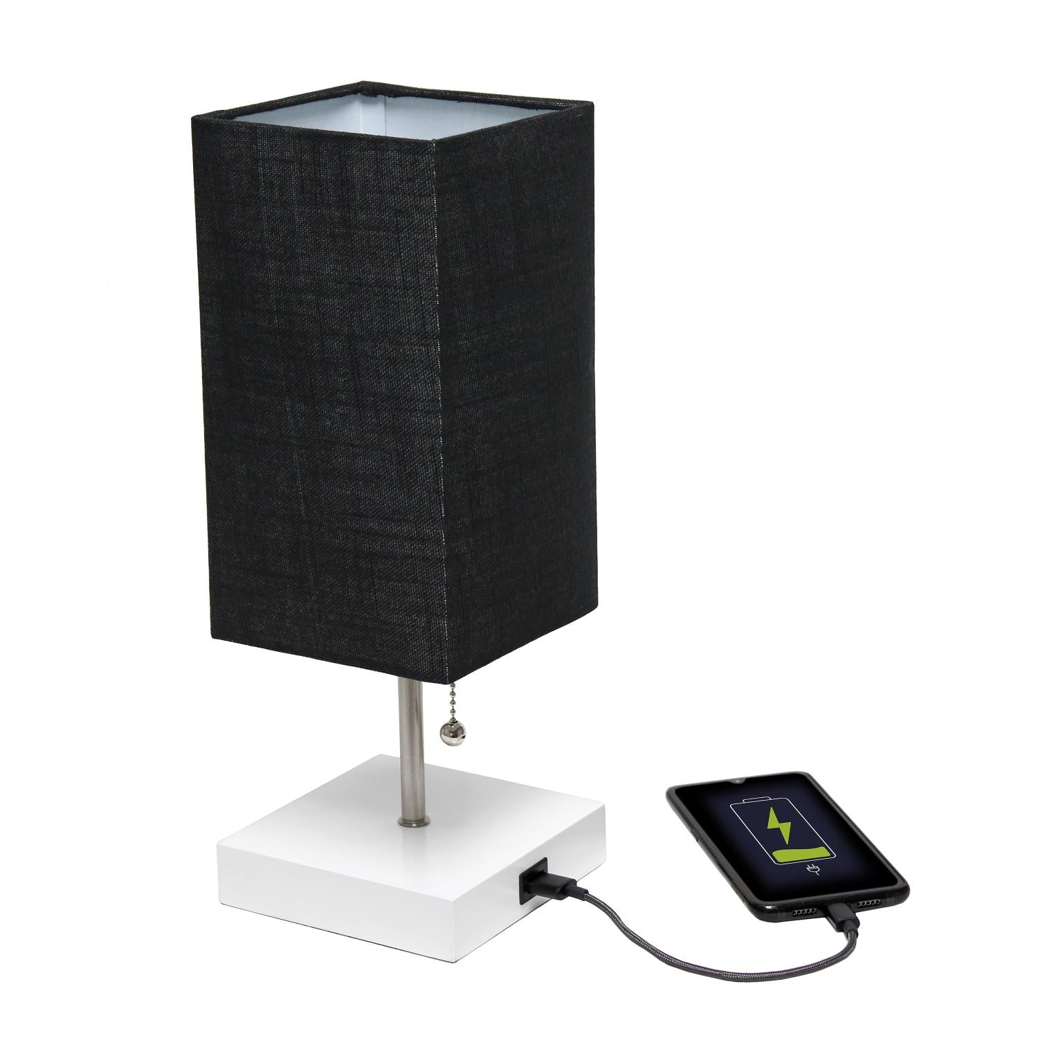 All The Rages Simple Designs White 2-Pack Table Lamps With USB Charging Port & Black Fabric Shades