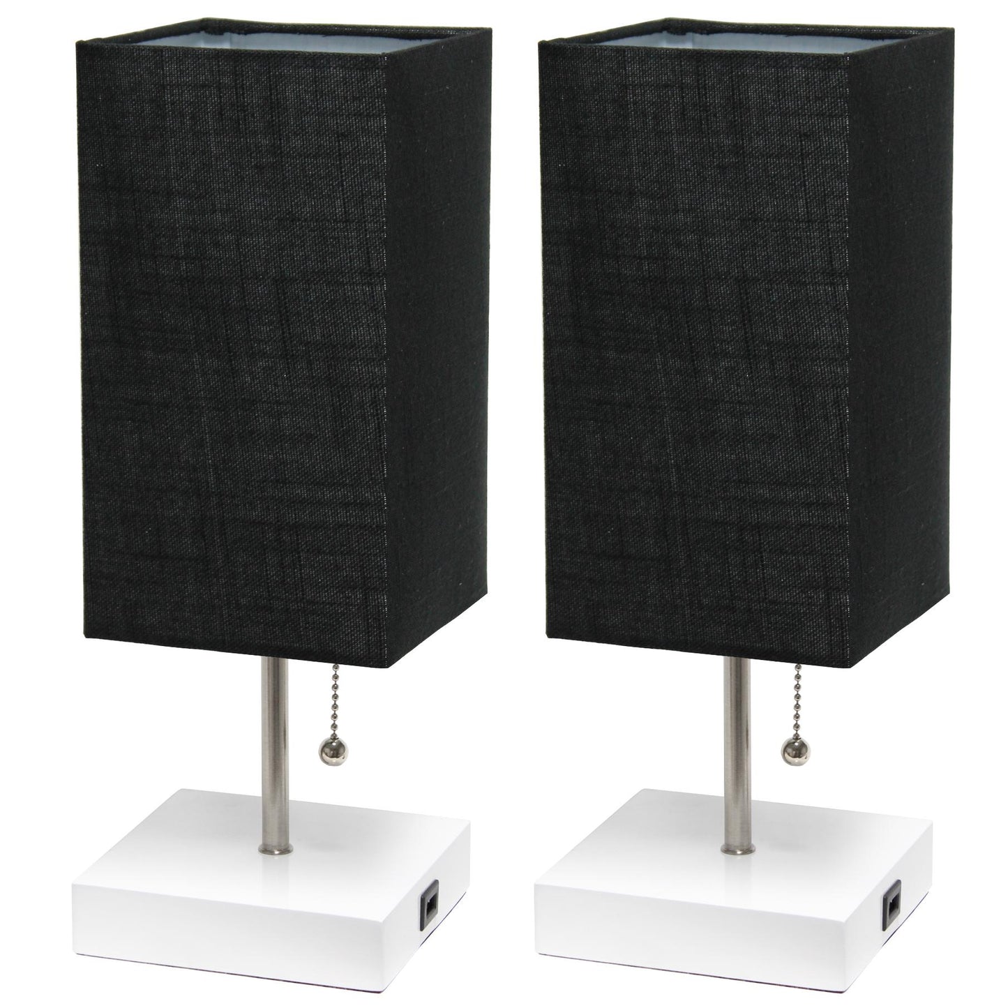 All The Rages Simple Designs White 2-Pack Table Lamps With USB Charging Port & Black Fabric Shades