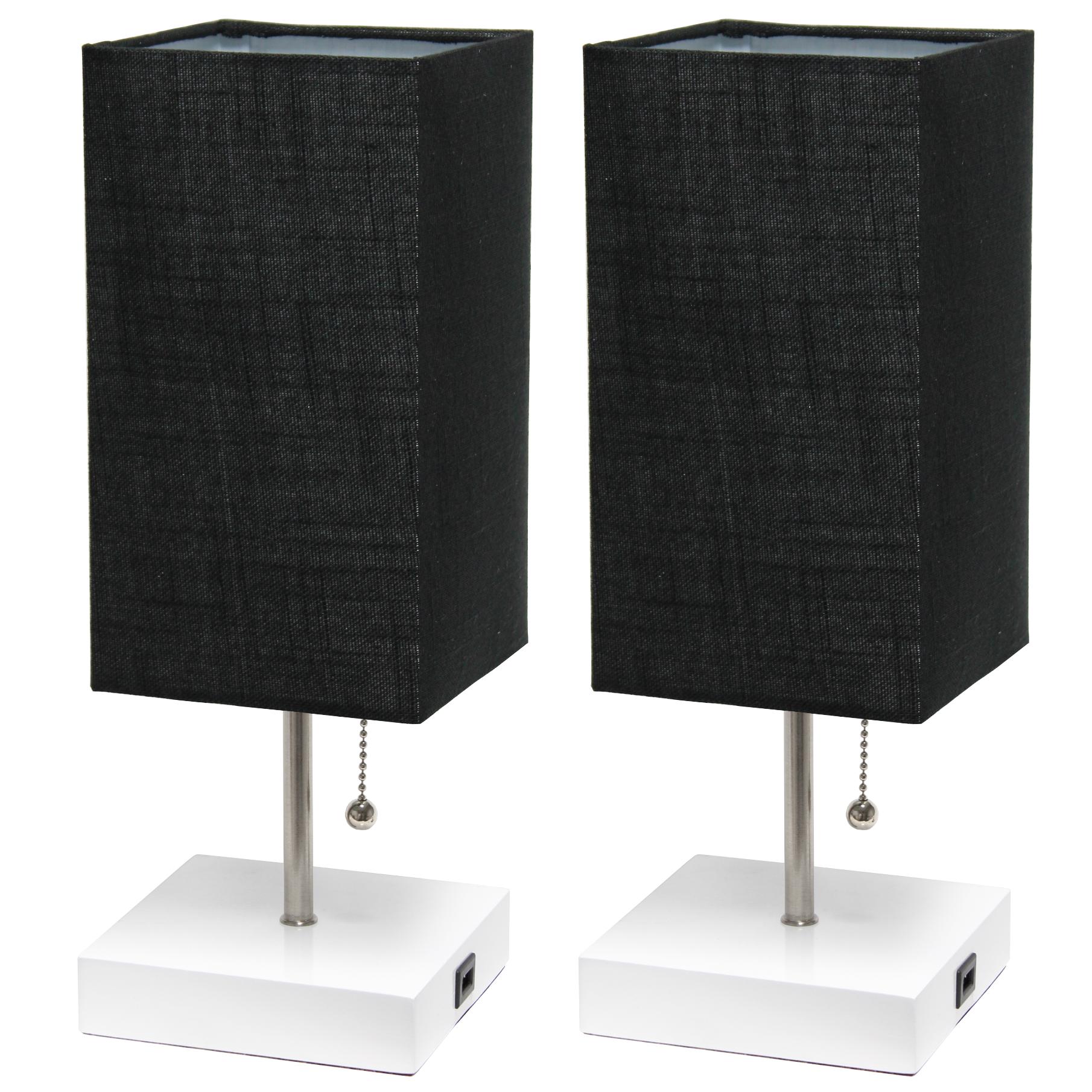 All The Rages Simple Designs White 2-Pack Table Lamps With USB Charging Port & Black Fabric Shades