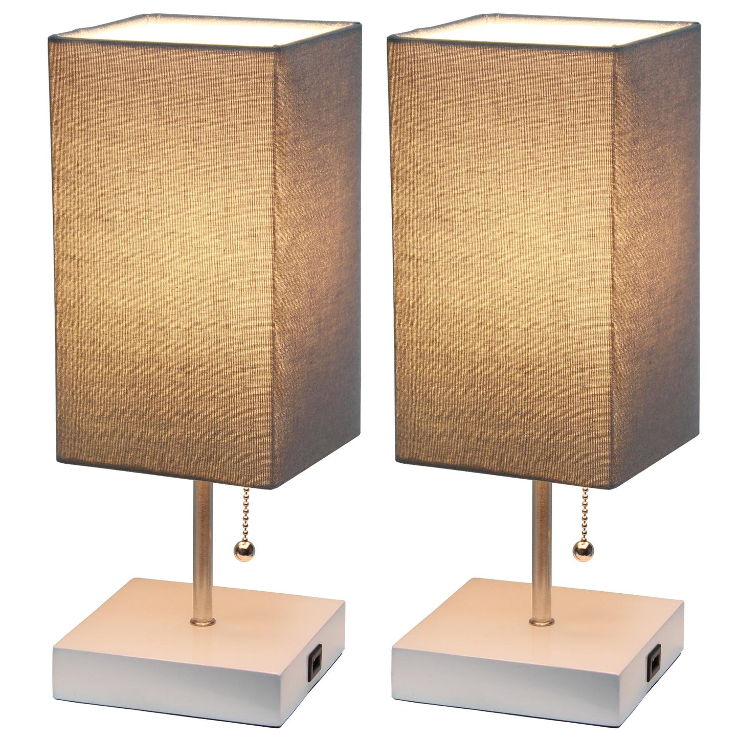 All The Rages Simple Designs White 2-Pack Table Lamps With USB Charging Port & Gray Fabric Shades