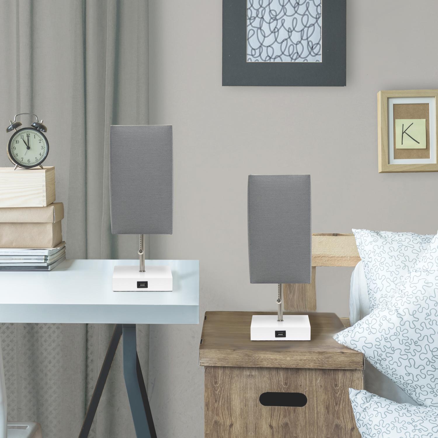 All The Rages Simple Designs White 2-Pack Table Lamps With USB Charging Port & Gray Fabric Shades