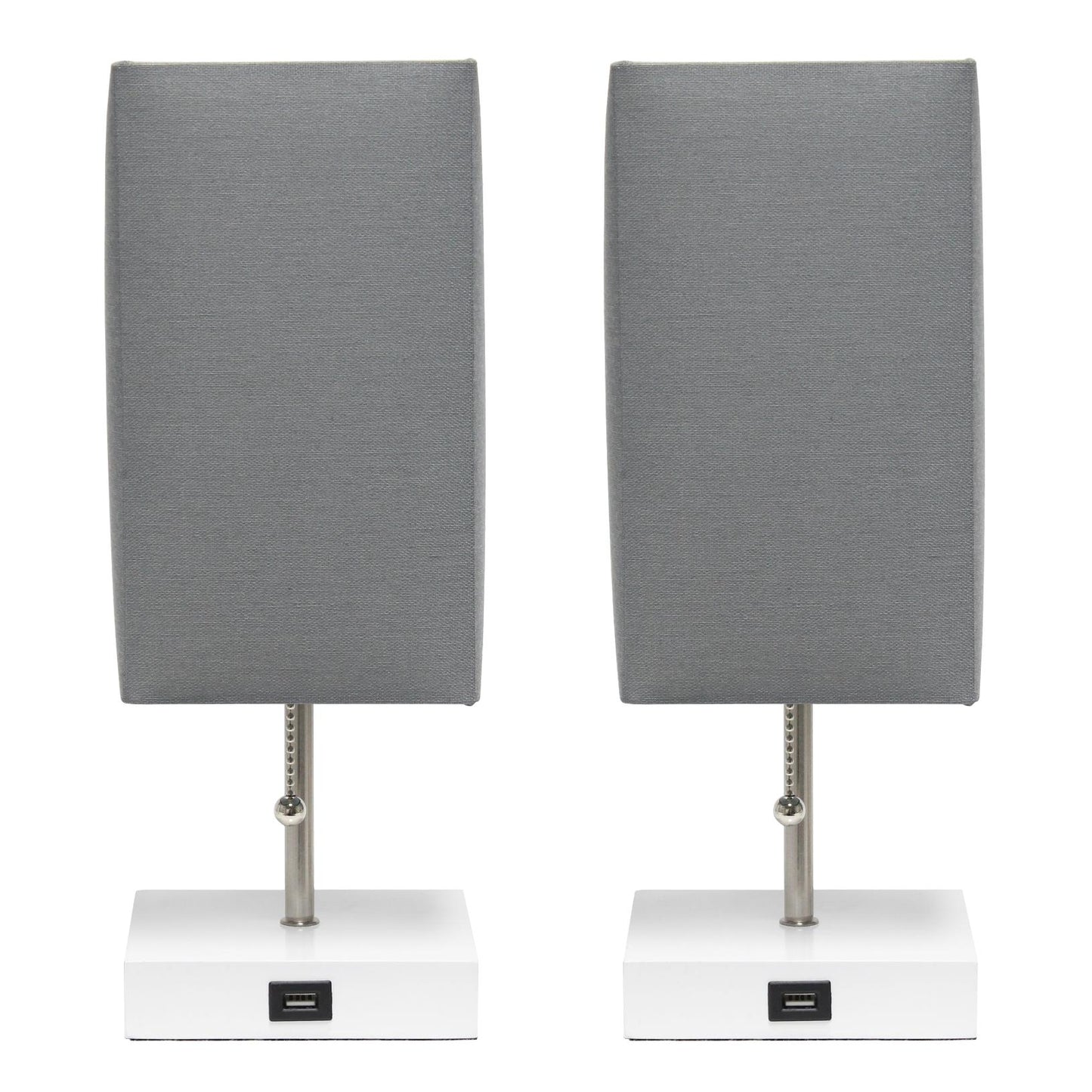 All The Rages Simple Designs White 2-Pack Table Lamps With USB Charging Port & Gray Fabric Shades