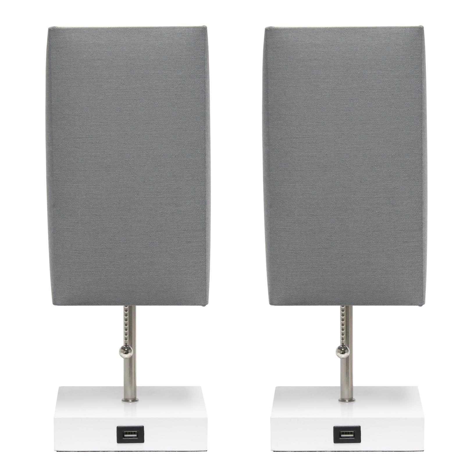 All The Rages Simple Designs White 2-Pack Table Lamps With USB Charging Port & Gray Fabric Shades