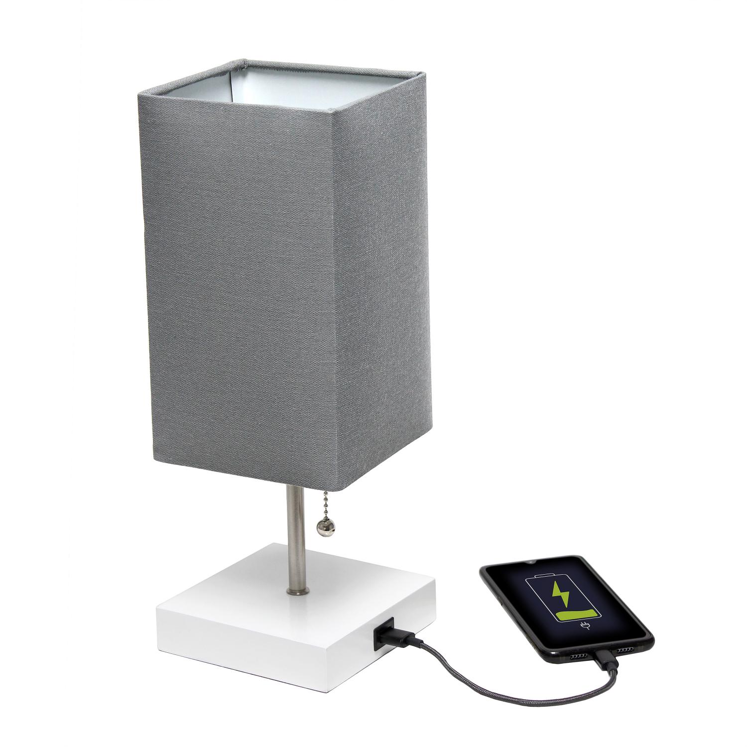 All The Rages Simple Designs White 2-Pack Table Lamps With USB Charging Port & Gray Fabric Shades