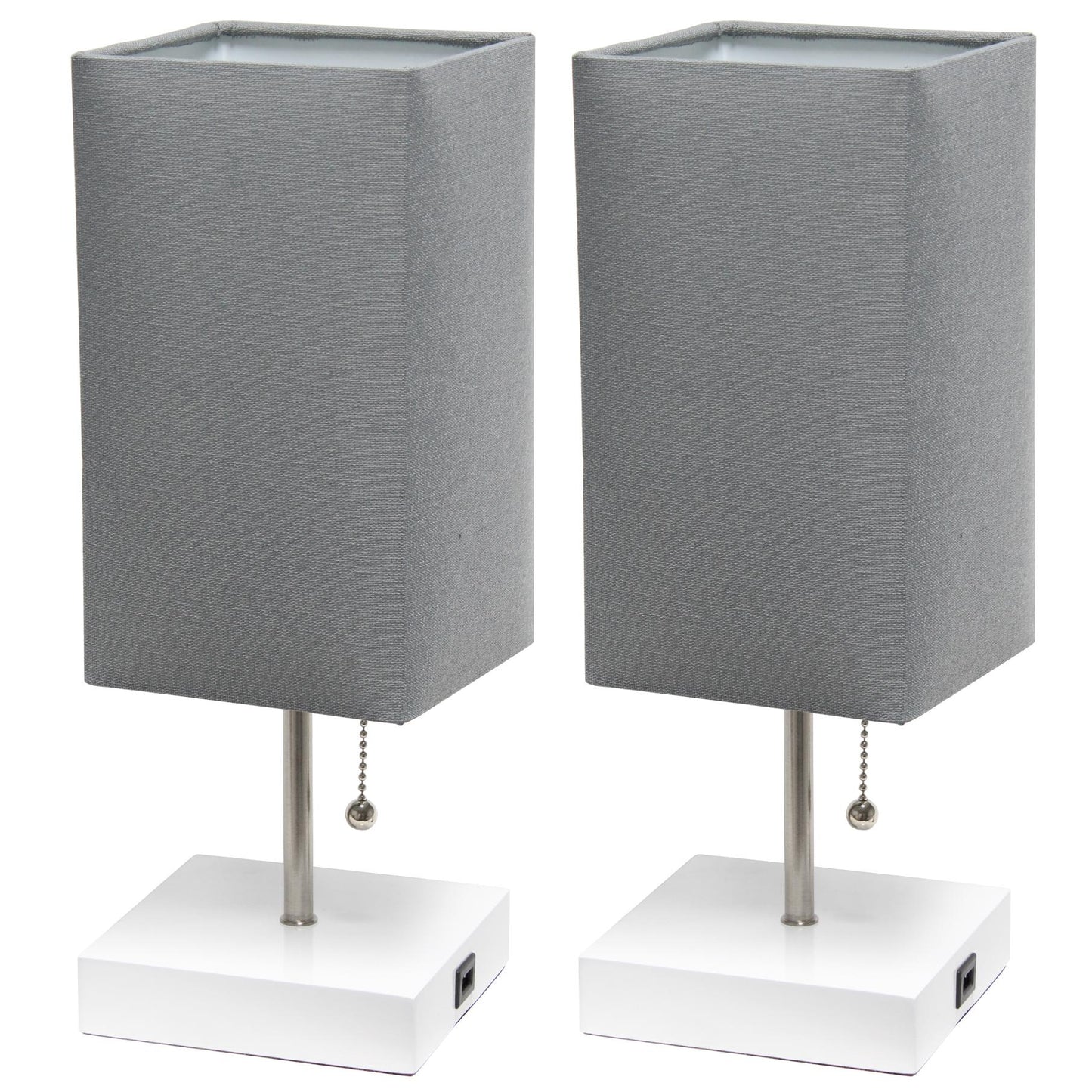 All The Rages Simple Designs White 2-Pack Table Lamps With USB Charging Port & Gray Fabric Shades