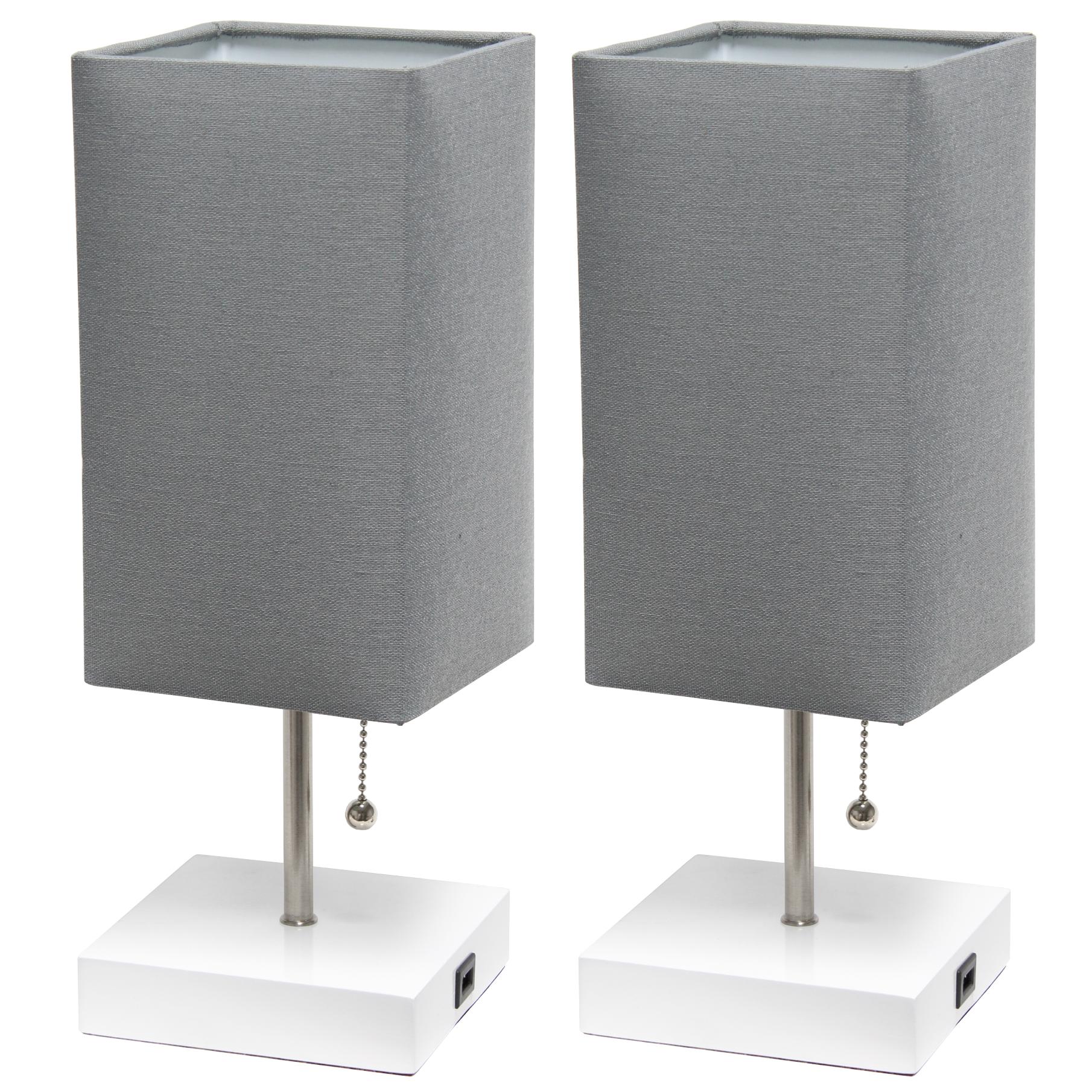 All The Rages Simple Designs White 2-Pack Table Lamps With USB Charging Port & Gray Fabric Shades
