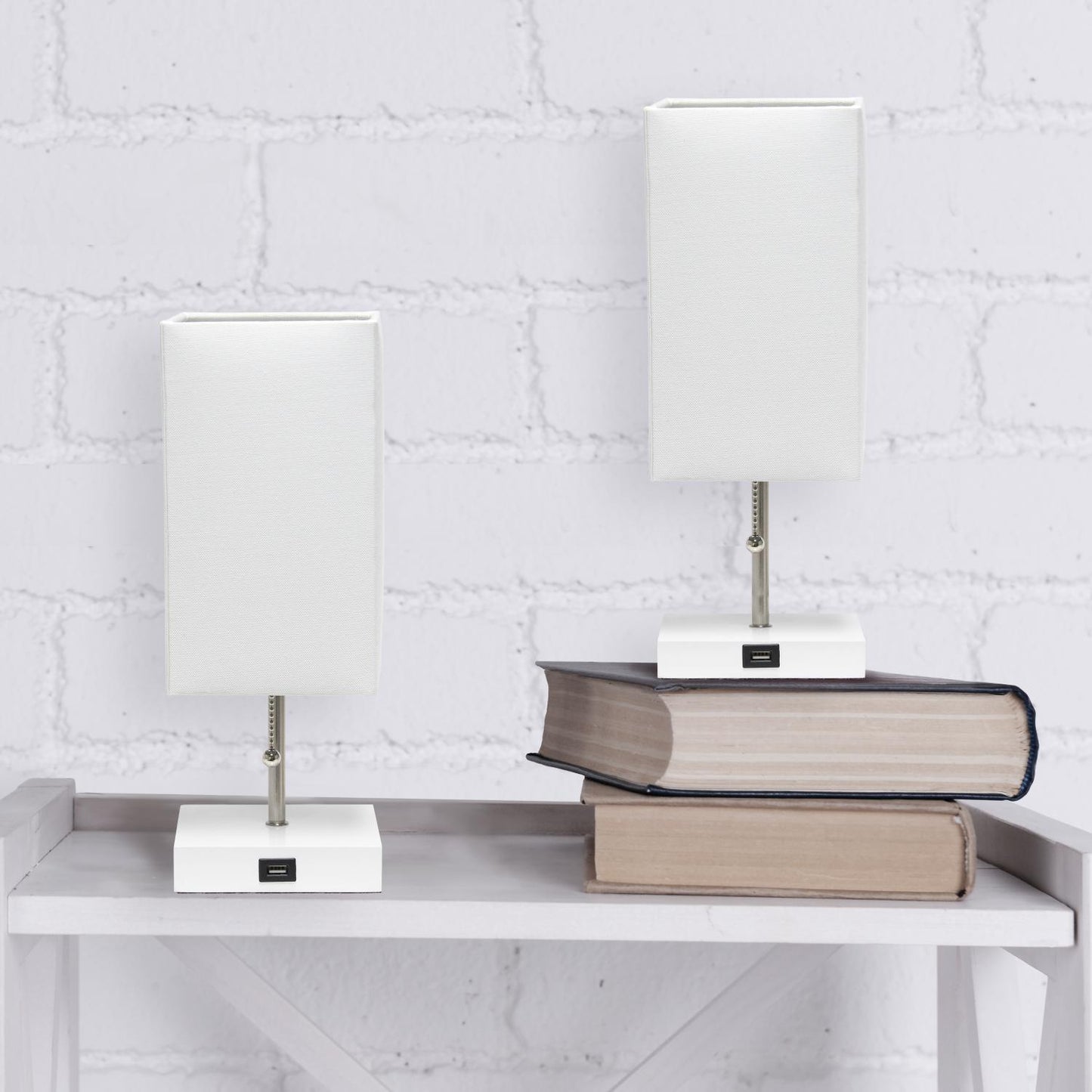 All The Rages Simple Designs White 2-Pack Table Lamps With USB Charging Port & White Fabric Shades
