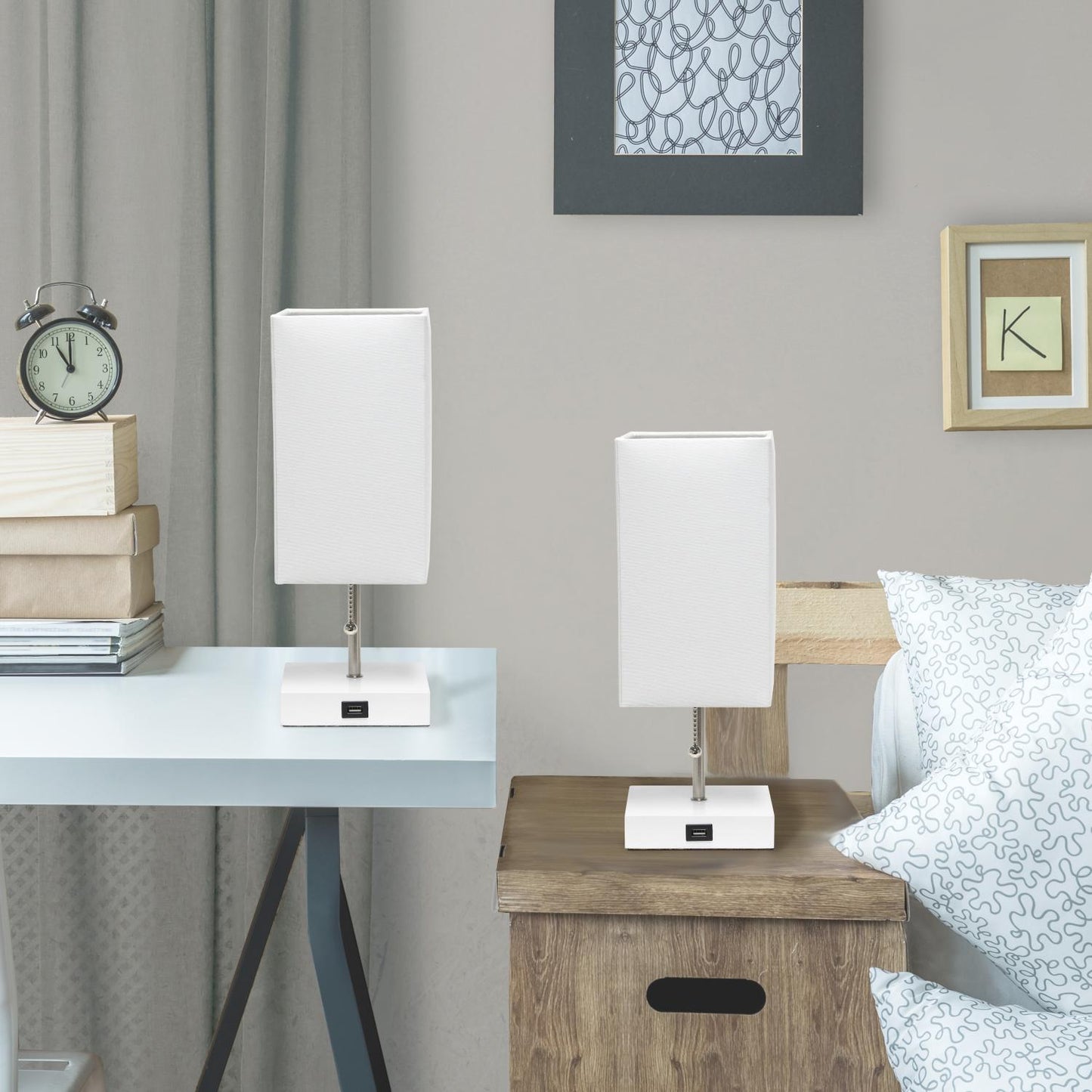 All The Rages Simple Designs White 2-Pack Table Lamps With USB Charging Port & White Fabric Shades