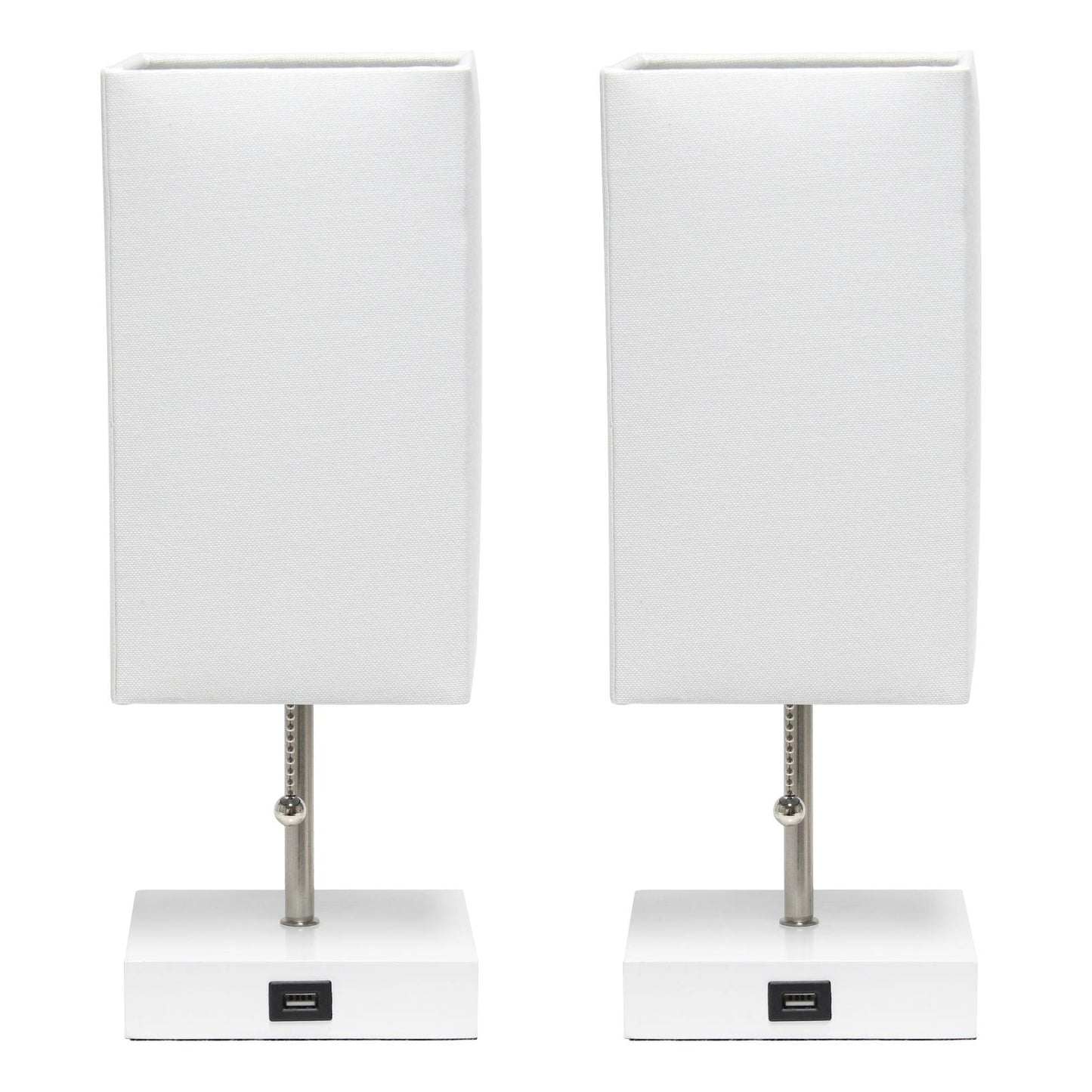 All The Rages Simple Designs White 2-Pack Table Lamps With USB Charging Port & White Fabric Shades