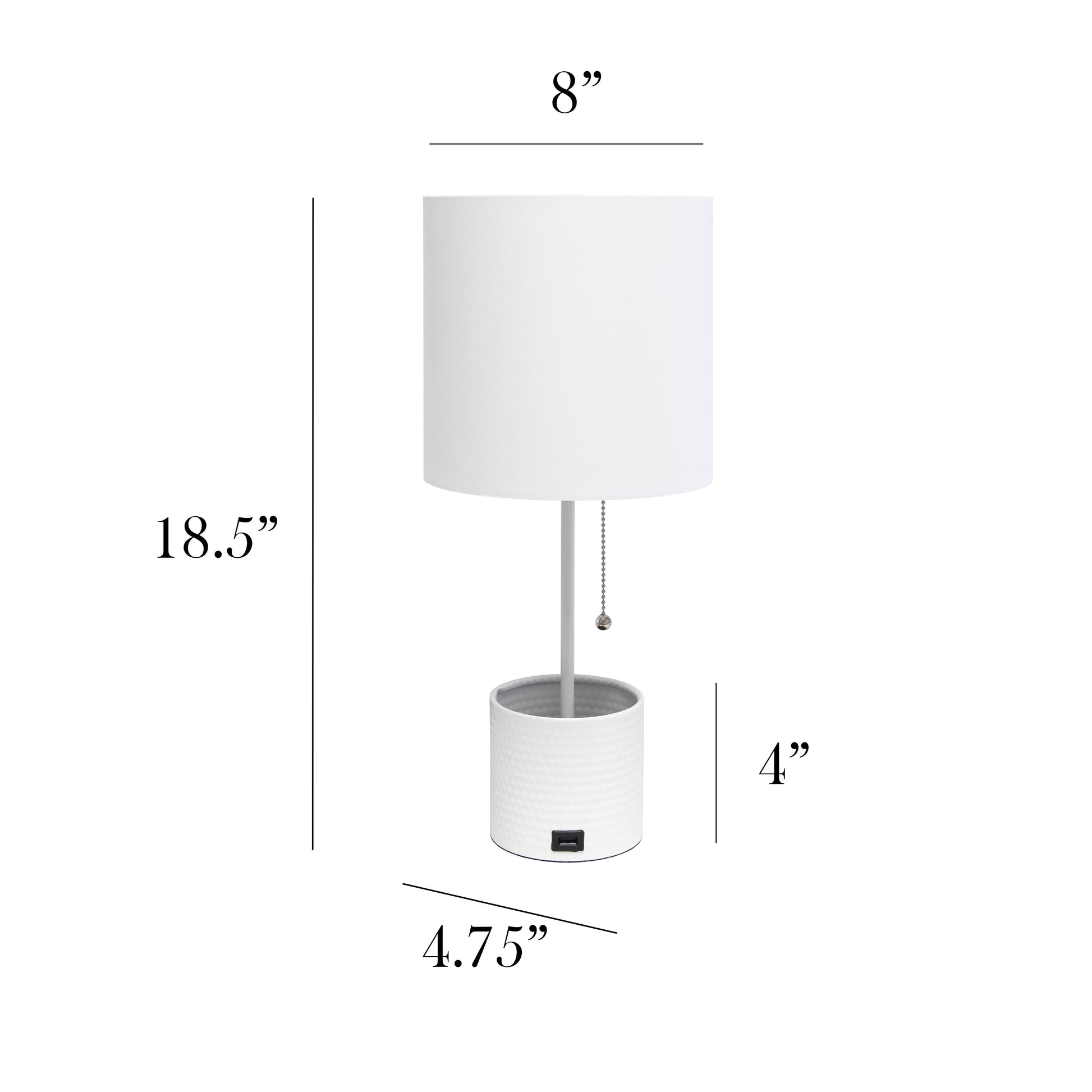 All The Rages Simple Designs White Hammered Metal Organizer Table Lamp With USB Charging Port & Fabric Shade