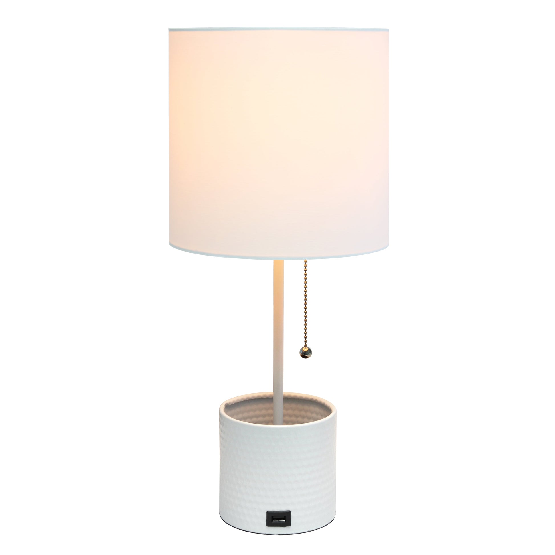 All The Rages Simple Designs White Hammered Metal Organizer Table Lamp With USB Charging Port & Fabric Shade
