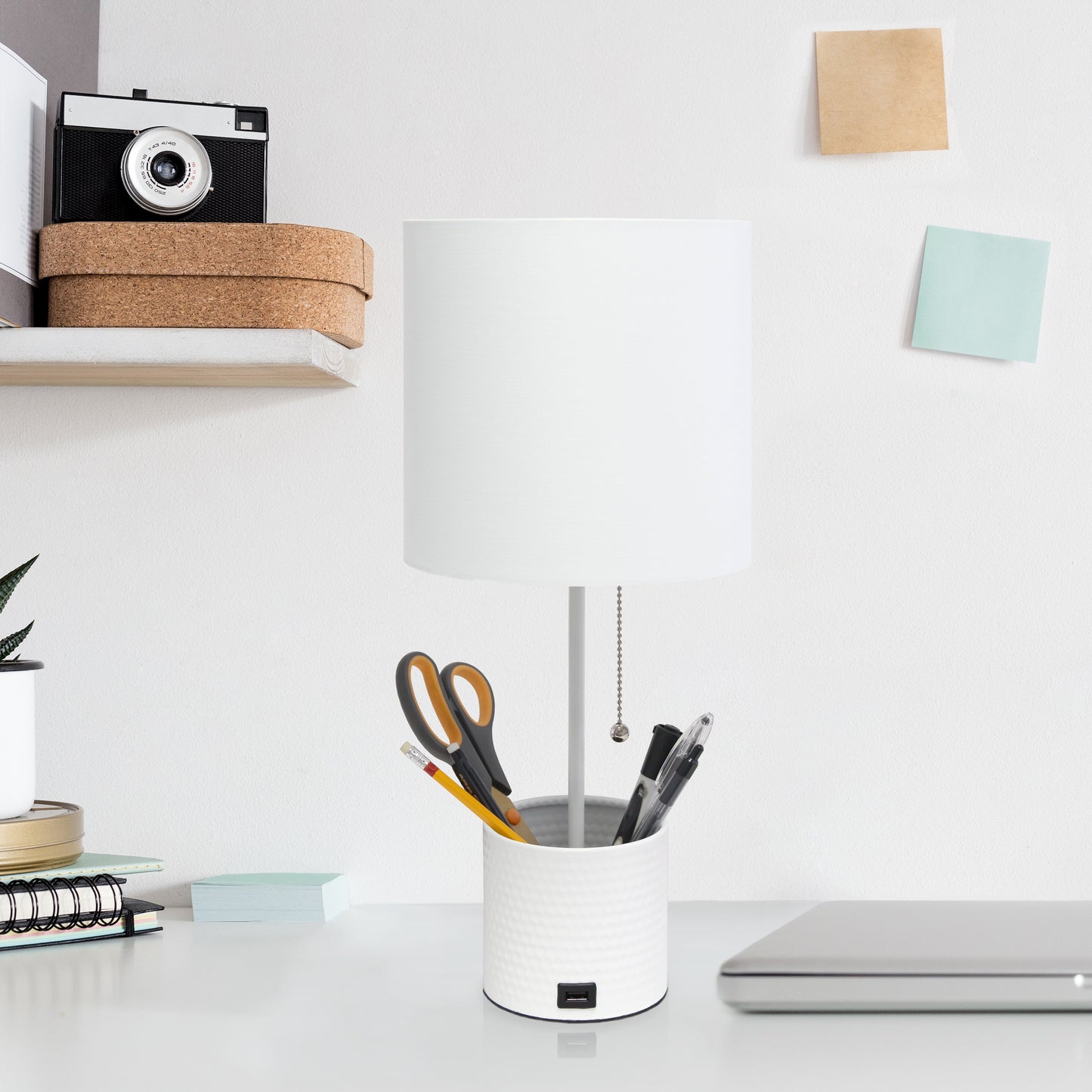 All The Rages Simple Designs White Hammered Metal Organizer Table Lamp With USB Charging Port & Fabric Shade