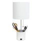 All The Rages Simple Designs White Hammered Metal Organizer Table Lamp With USB Charging Port & Fabric Shade