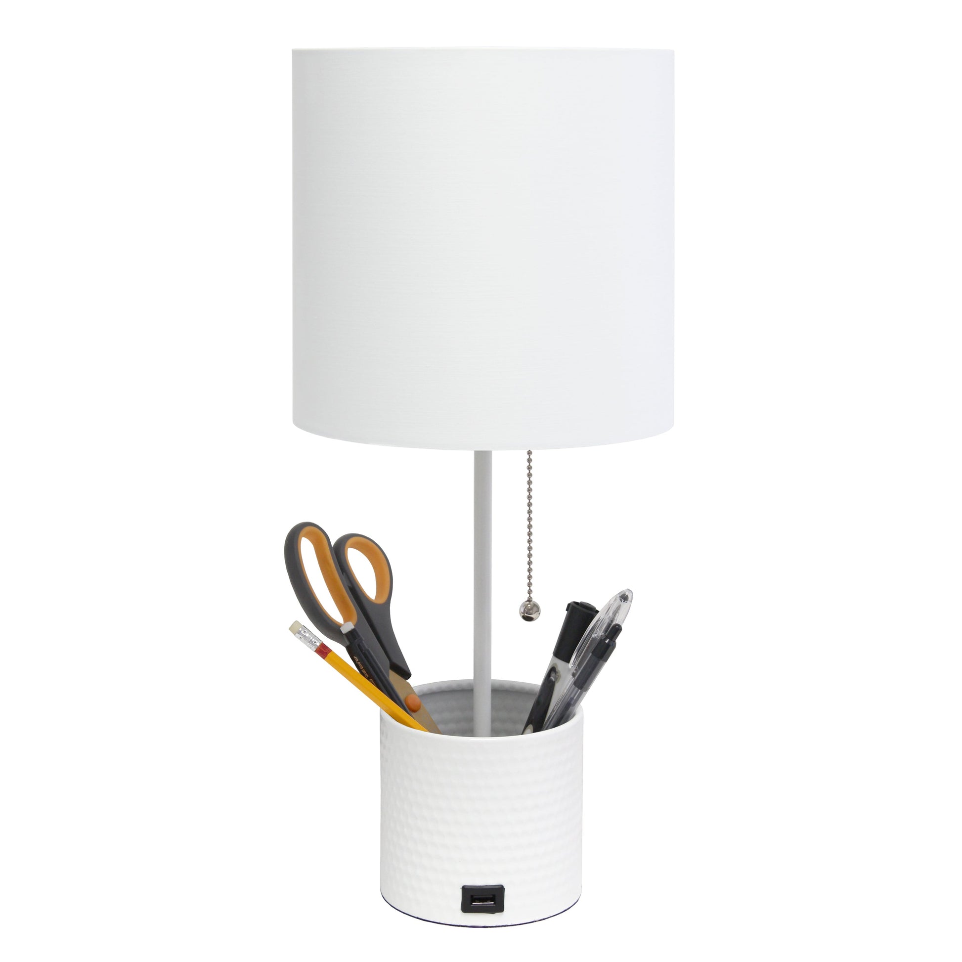 All The Rages Simple Designs White Hammered Metal Organizer Table Lamp With USB Charging Port & Fabric Shade