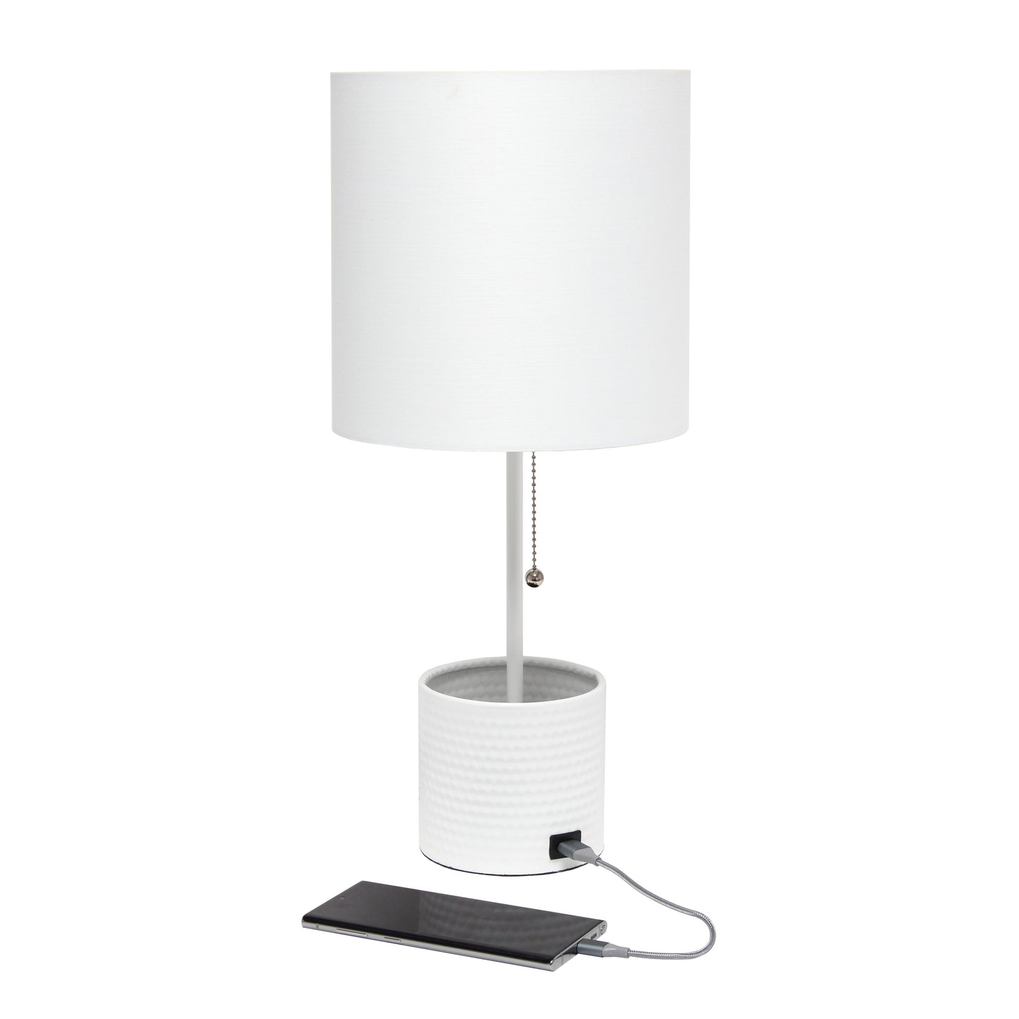 All The Rages Simple Designs White Hammered Metal Organizer Table Lamp With USB Charging Port & Fabric Shade