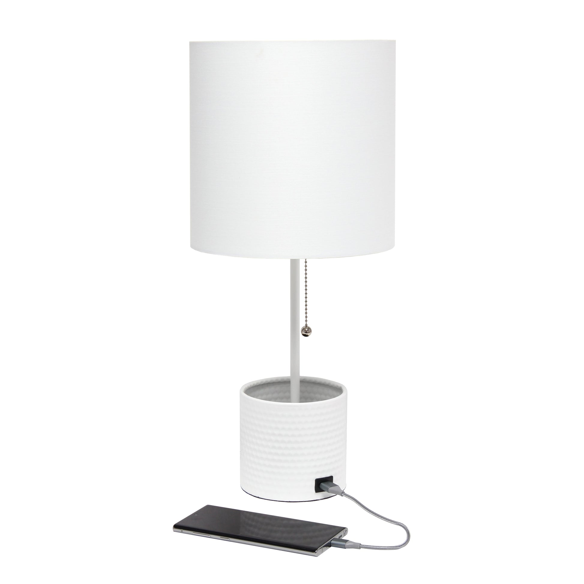 All The Rages Simple Designs White Hammered Metal Organizer Table Lamp With USB Charging Port & Fabric Shade