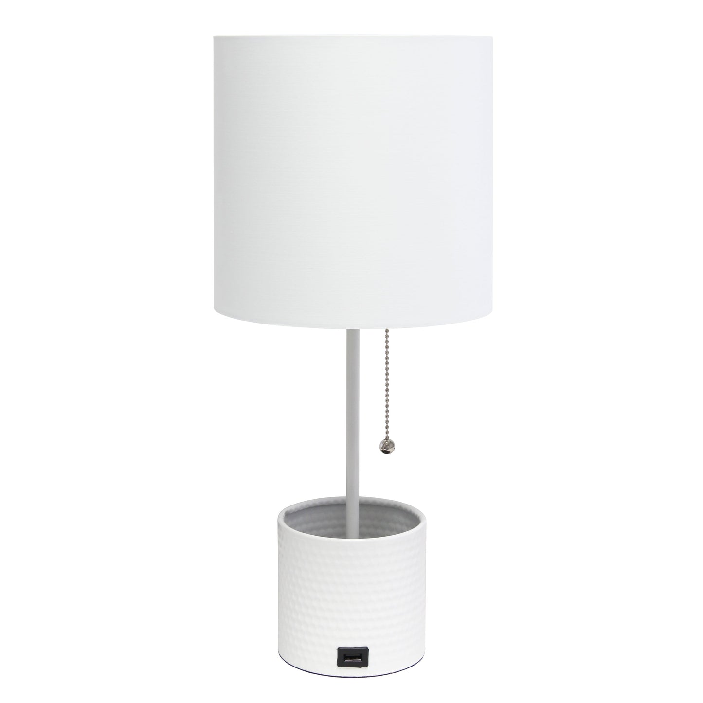 All The Rages Simple Designs White Hammered Metal Organizer Table Lamp With USB Charging Port & Fabric Shade