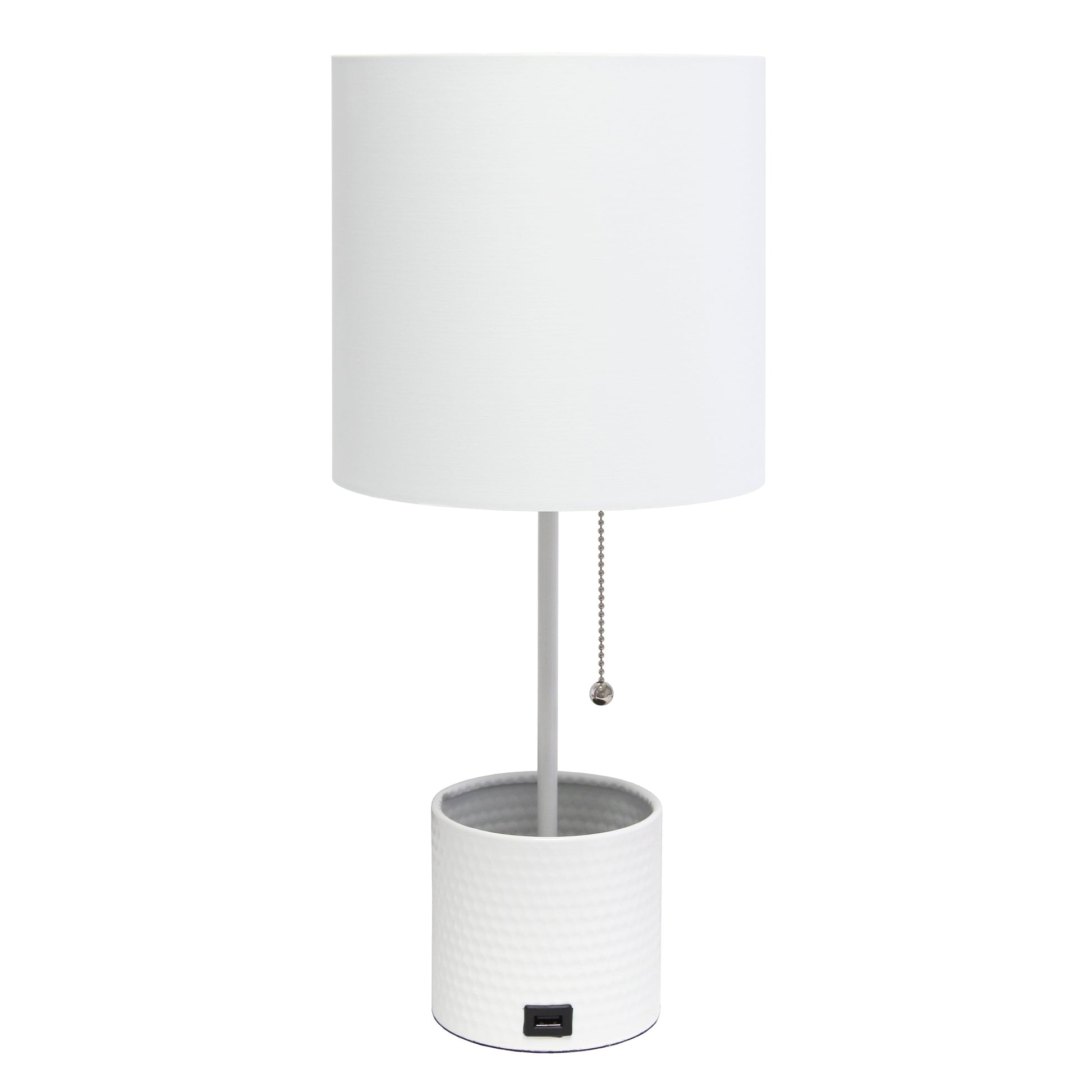 All The Rages Simple Designs White Hammered Metal Organizer Table Lamp With USB Charging Port & Fabric Shade
