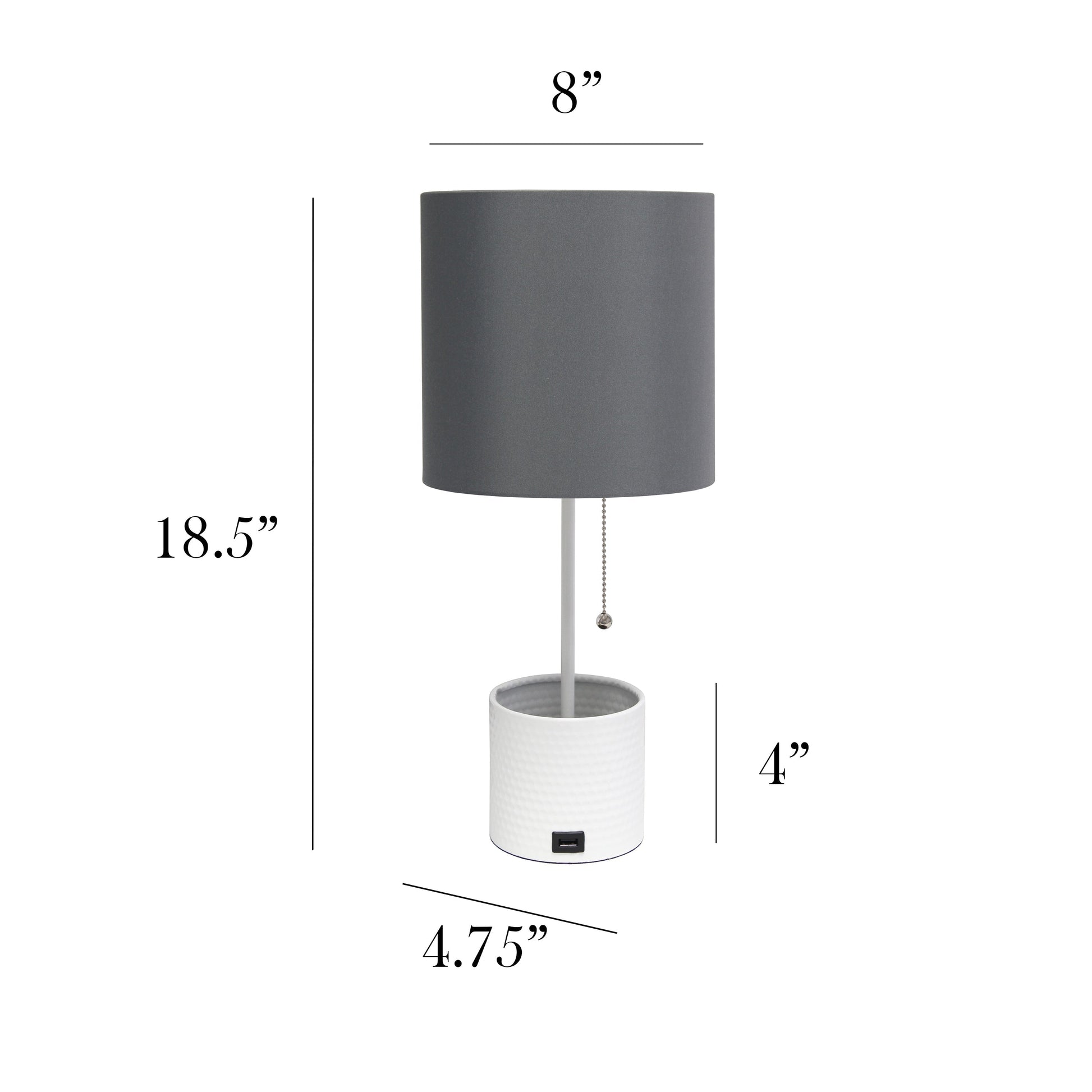 All The Rages Simple Designs White Hammered Metal Organizer Table Lamp With USB Charging Port & Gray Fabric Shade