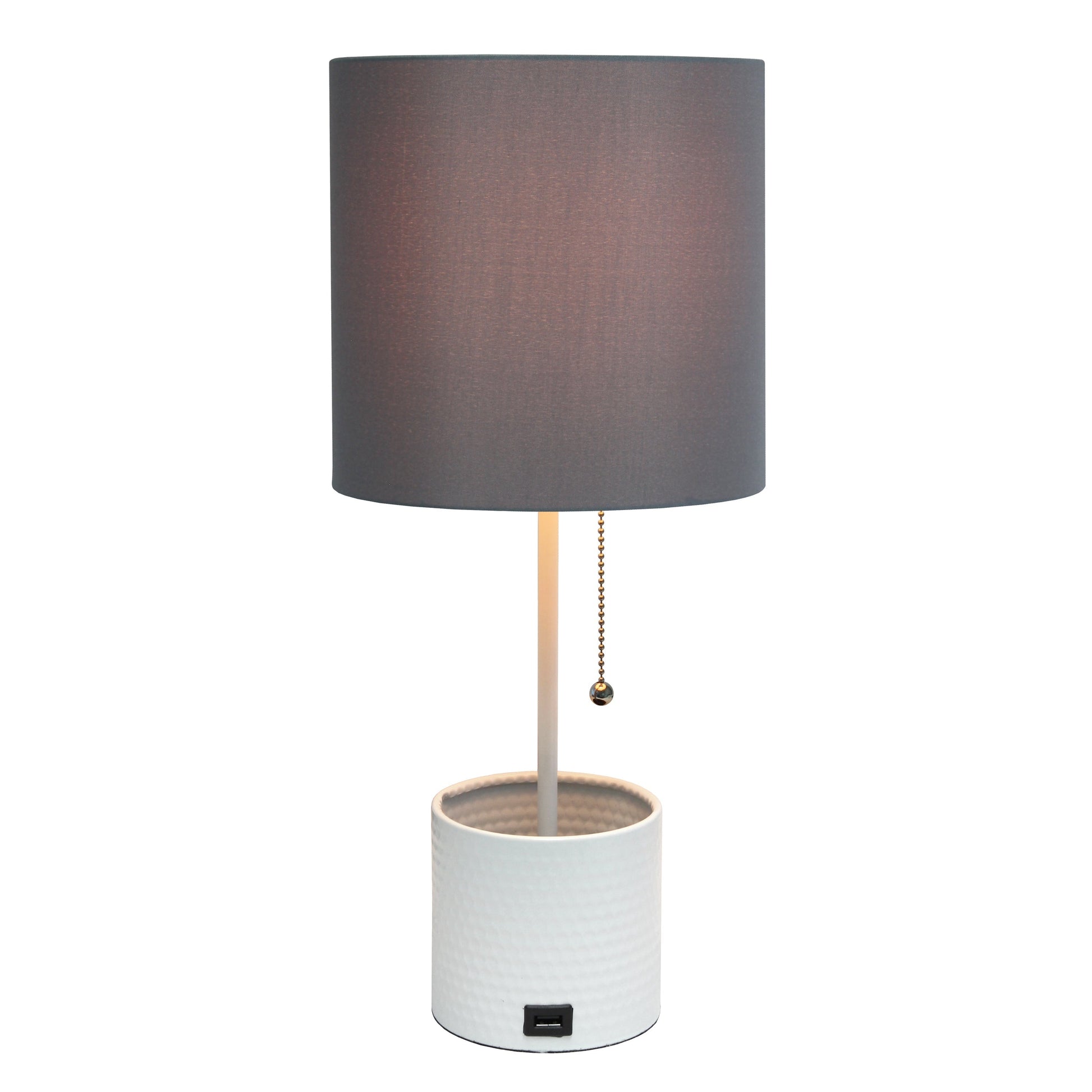 All The Rages Simple Designs White Hammered Metal Organizer Table Lamp With USB Charging Port & Gray Fabric Shade