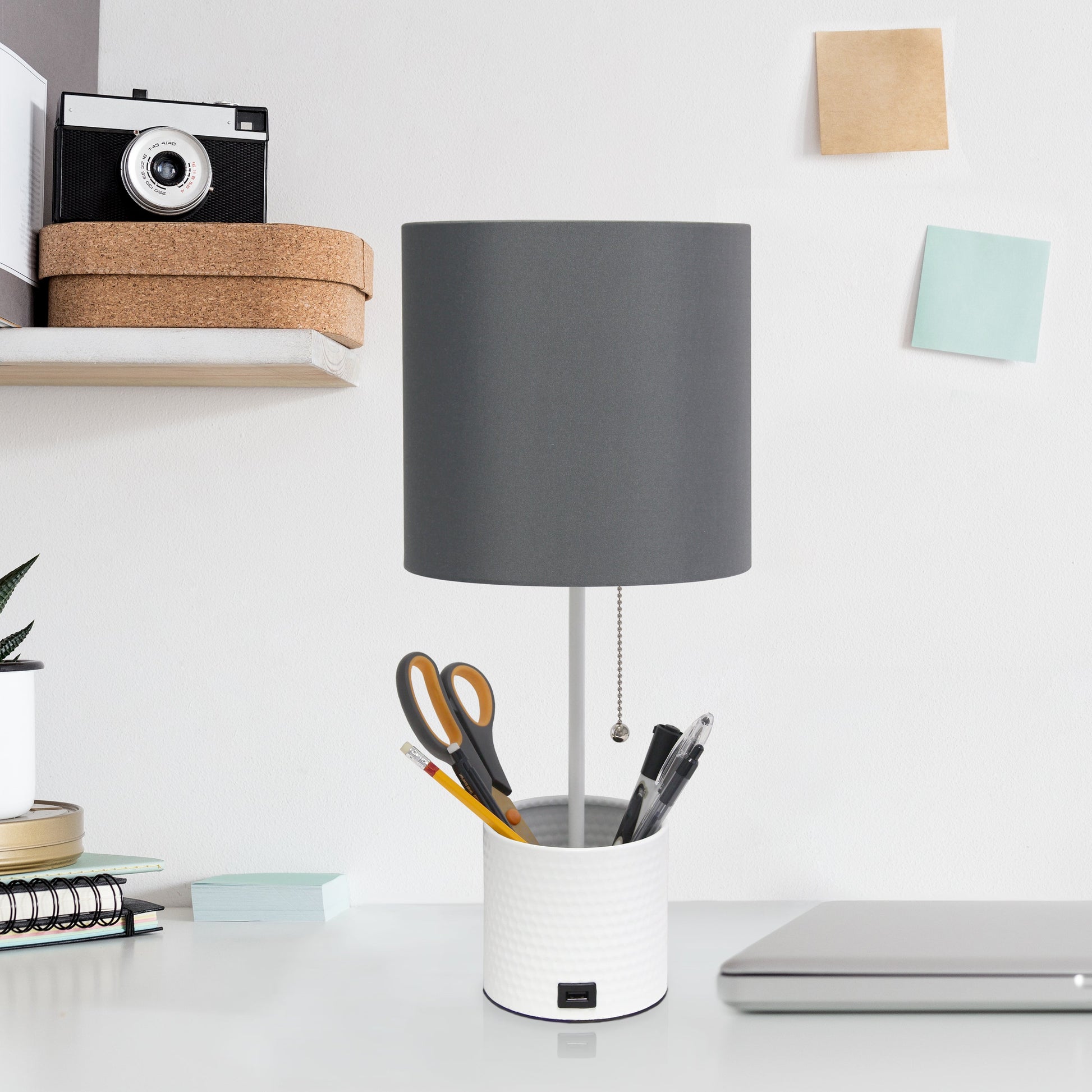 All The Rages Simple Designs White Hammered Metal Organizer Table Lamp With USB Charging Port & Gray Fabric Shade