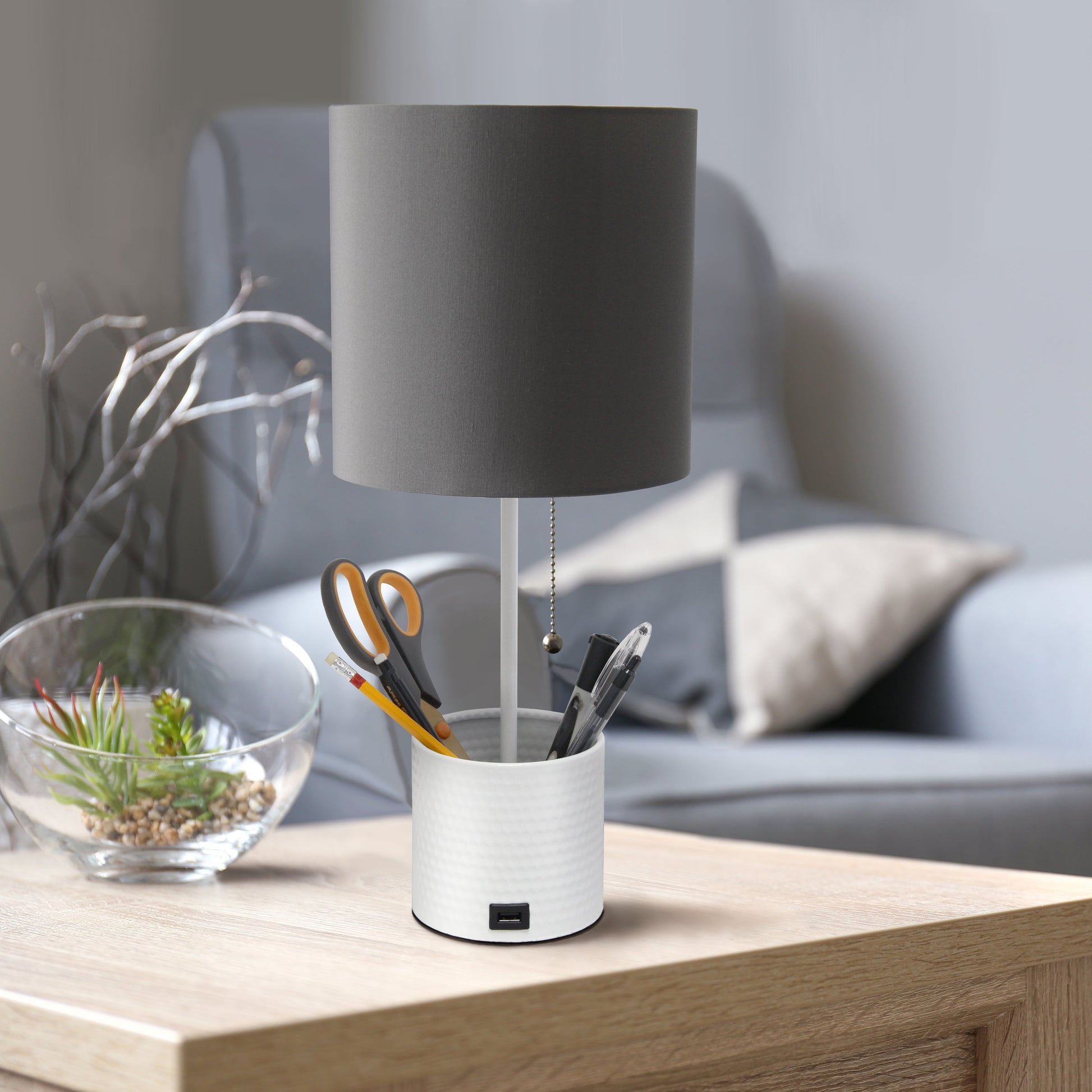 All The Rages Simple Designs White Hammered Metal Organizer Table Lamp With USB Charging Port & Gray Fabric Shade