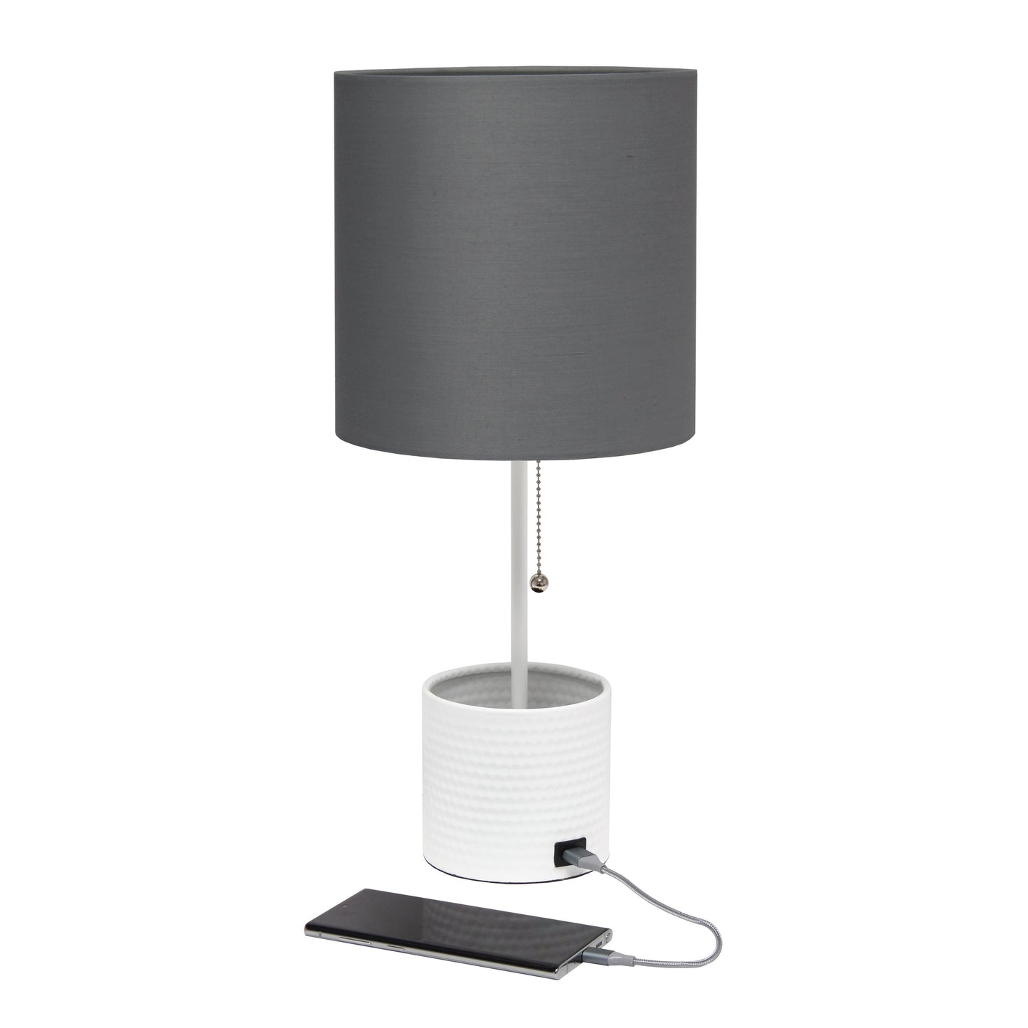 All The Rages Simple Designs White Hammered Metal Organizer Table Lamp With USB Charging Port & Gray Fabric Shade
