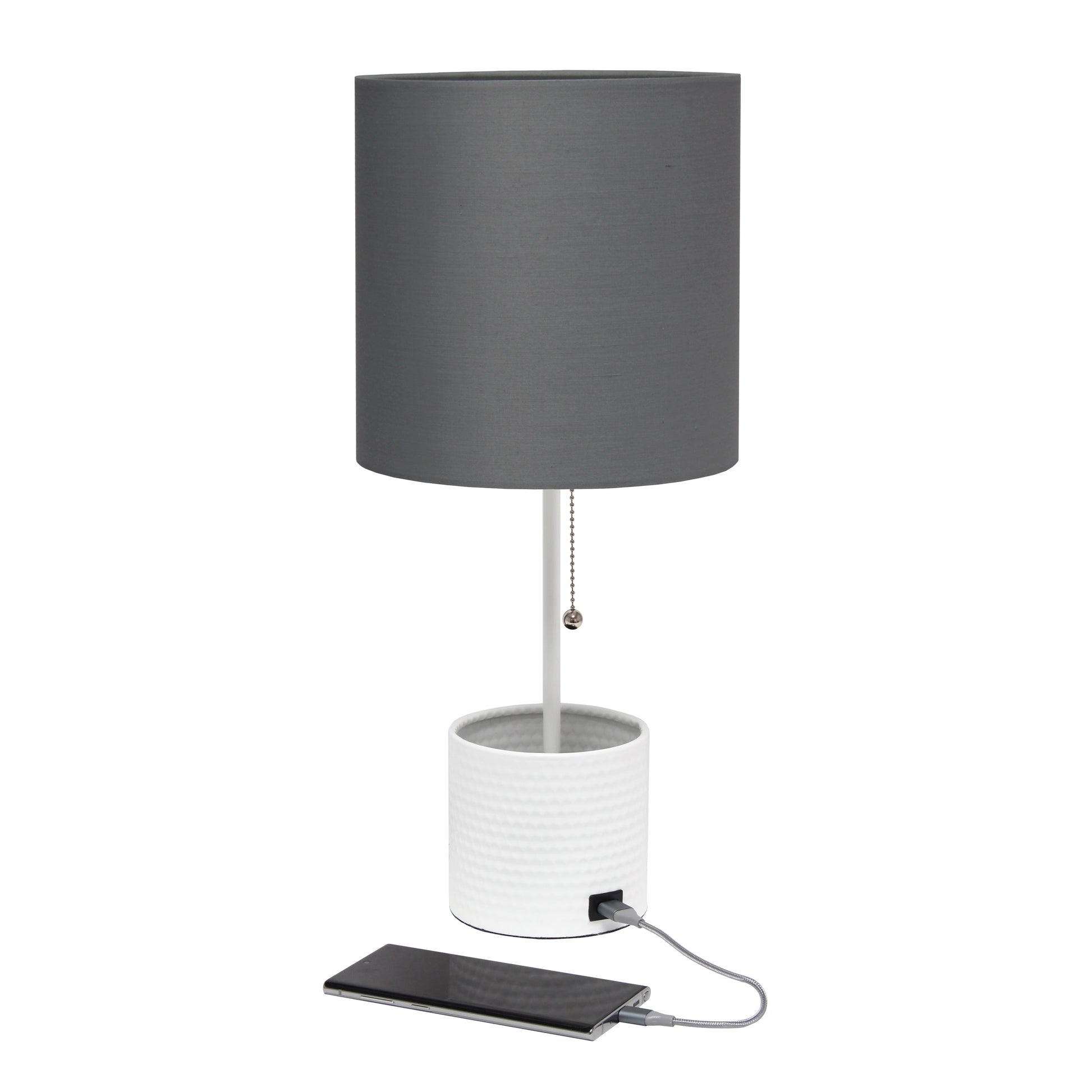 All The Rages Simple Designs White Hammered Metal Organizer Table Lamp With USB Charging Port & Gray Fabric Shade