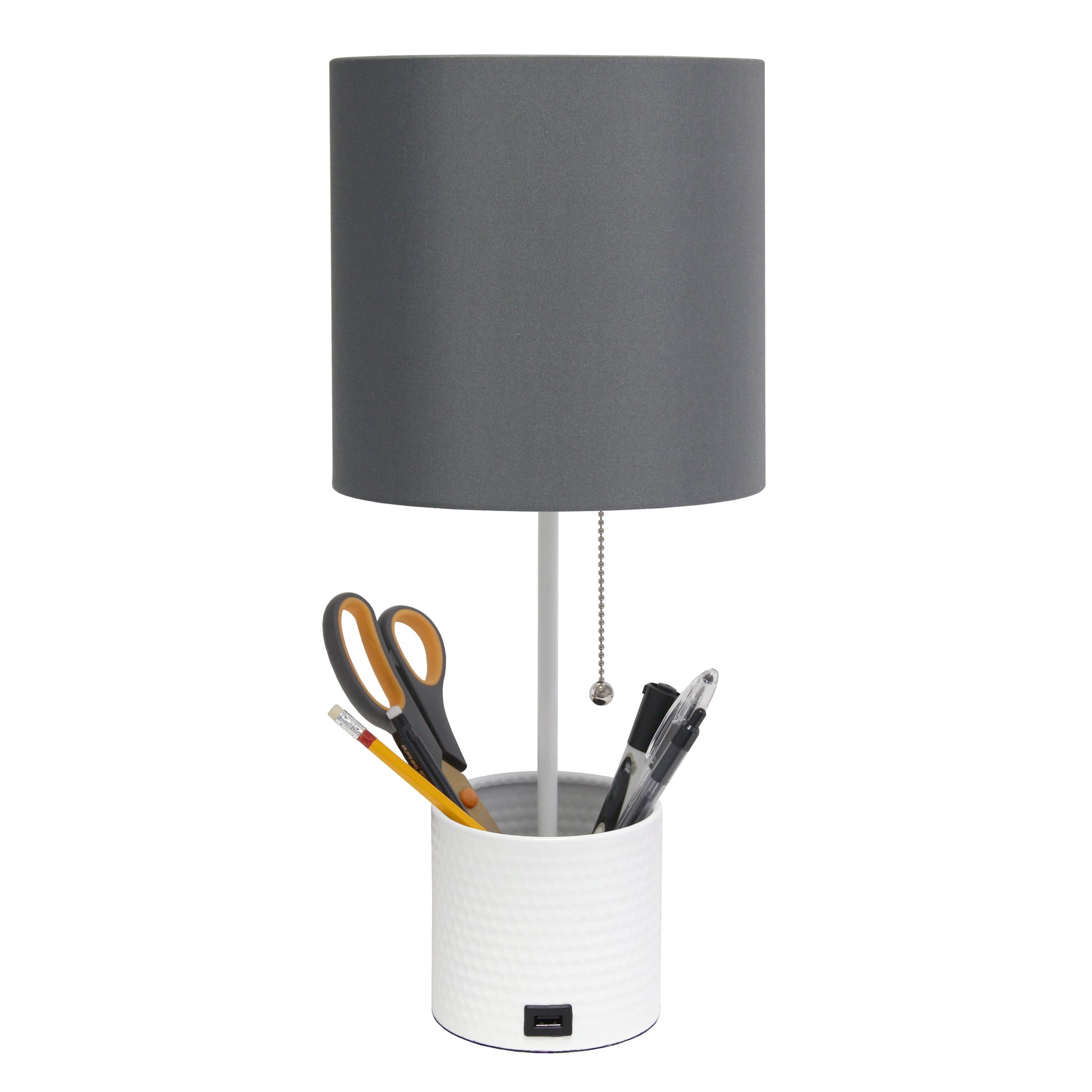 All The Rages Simple Designs White Hammered Metal Organizer Table Lamp With USB Charging Port & Gray Fabric Shade