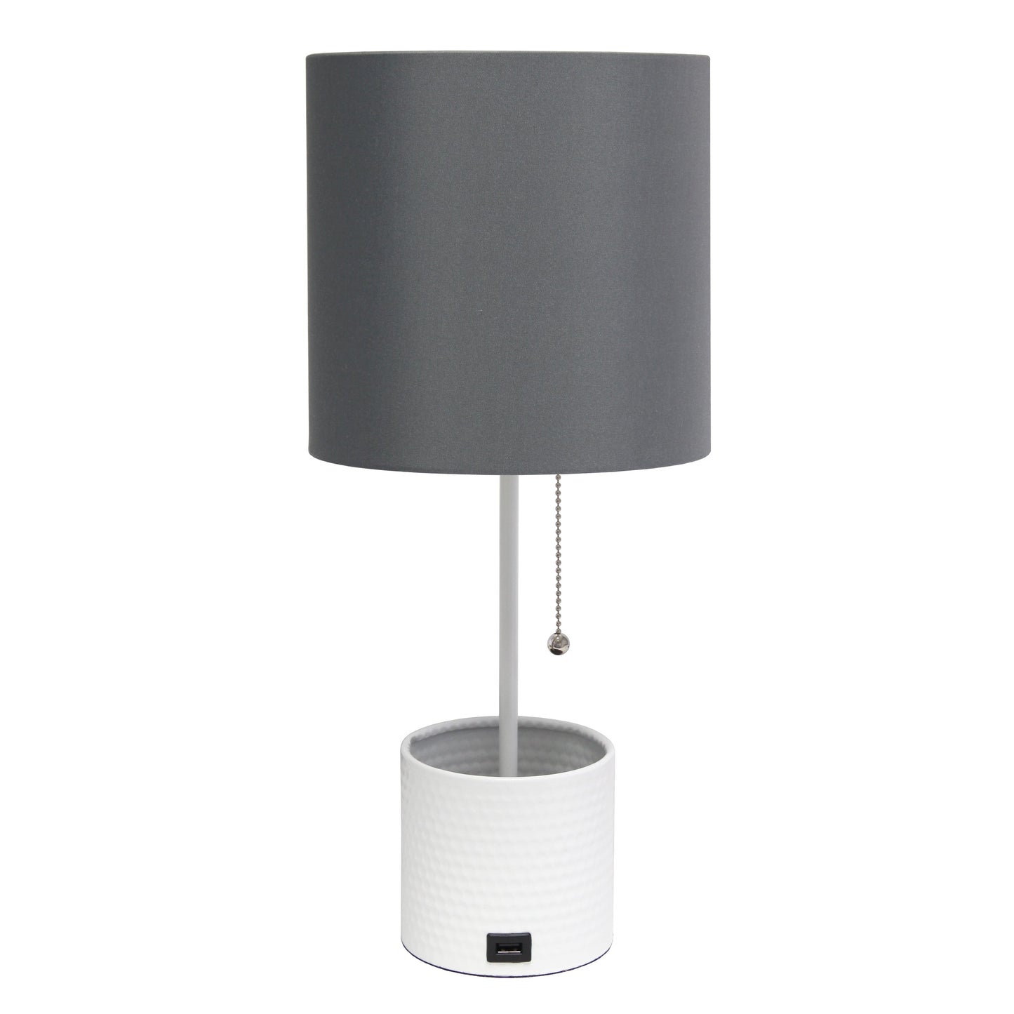 All The Rages Simple Designs White Hammered Metal Organizer Table Lamp With USB Charging Port & Gray Fabric Shade