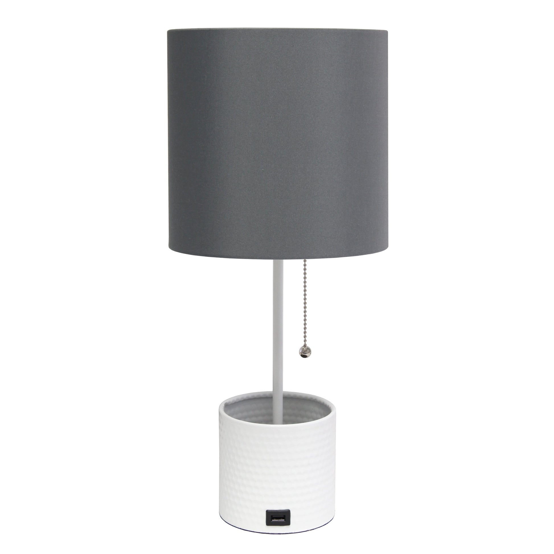 All The Rages Simple Designs White Hammered Metal Organizer Table Lamp With USB Charging Port & Gray Fabric Shade