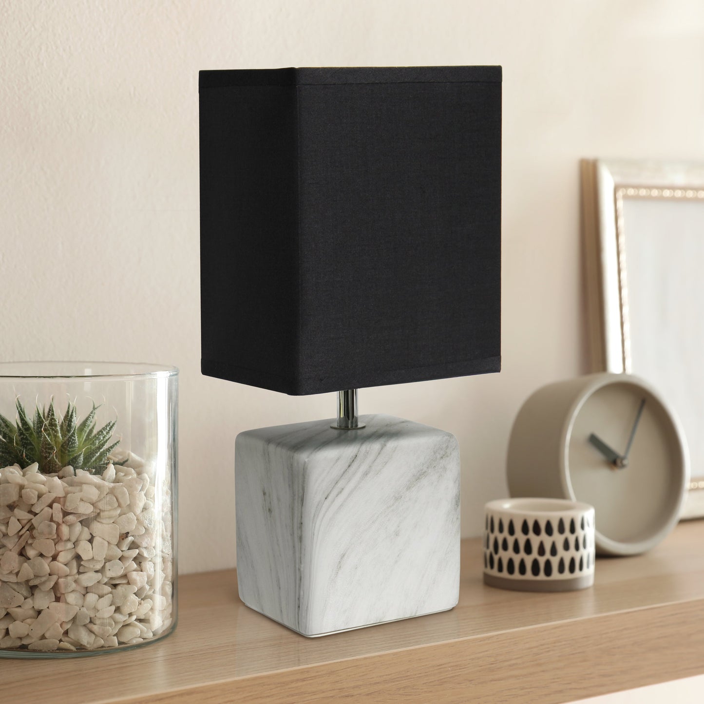 All The Rages Simple Designs White Marbled Ceramic Table Lamp With Black Fabric Shade