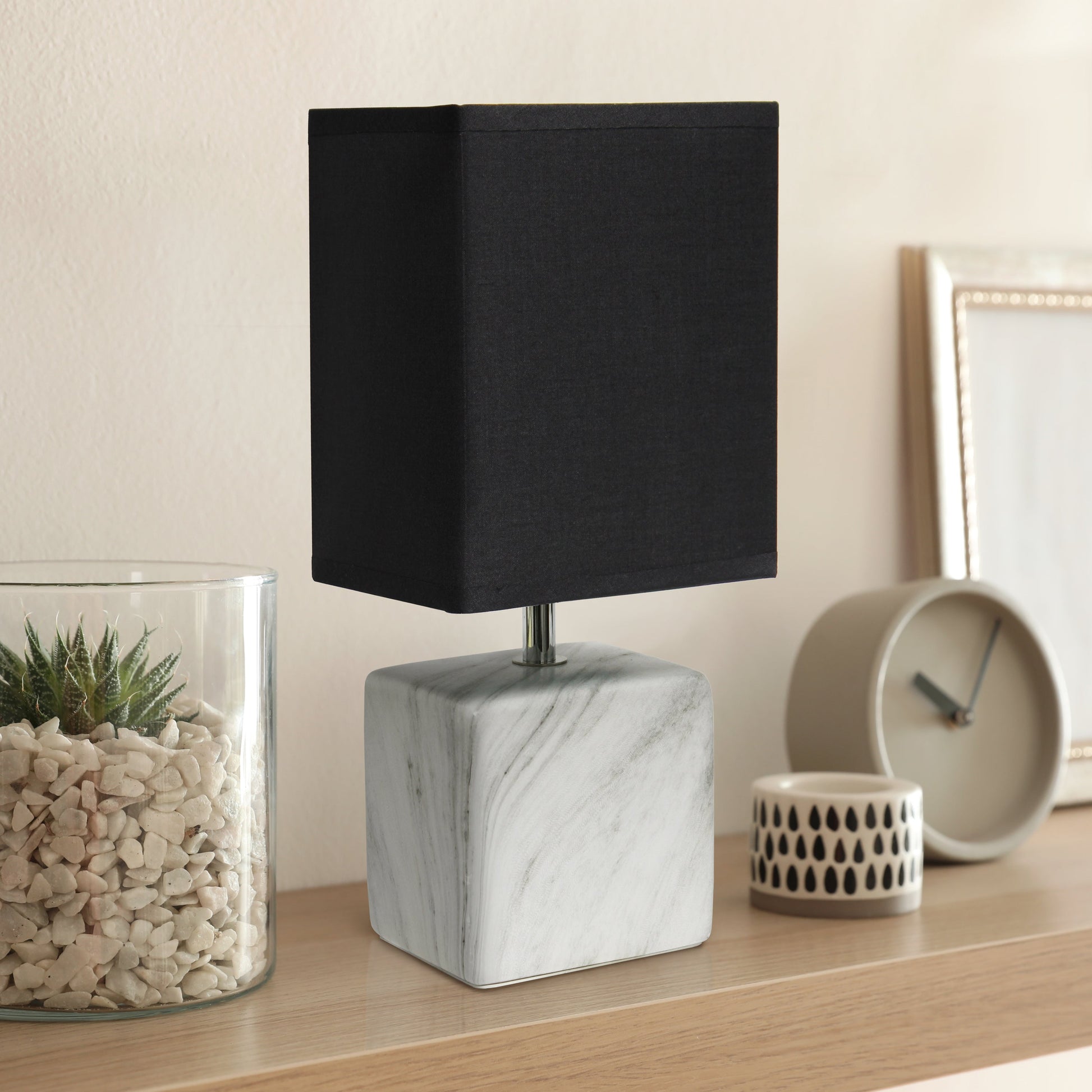 All The Rages Simple Designs White Marbled Ceramic Table Lamp With Black Fabric Shade