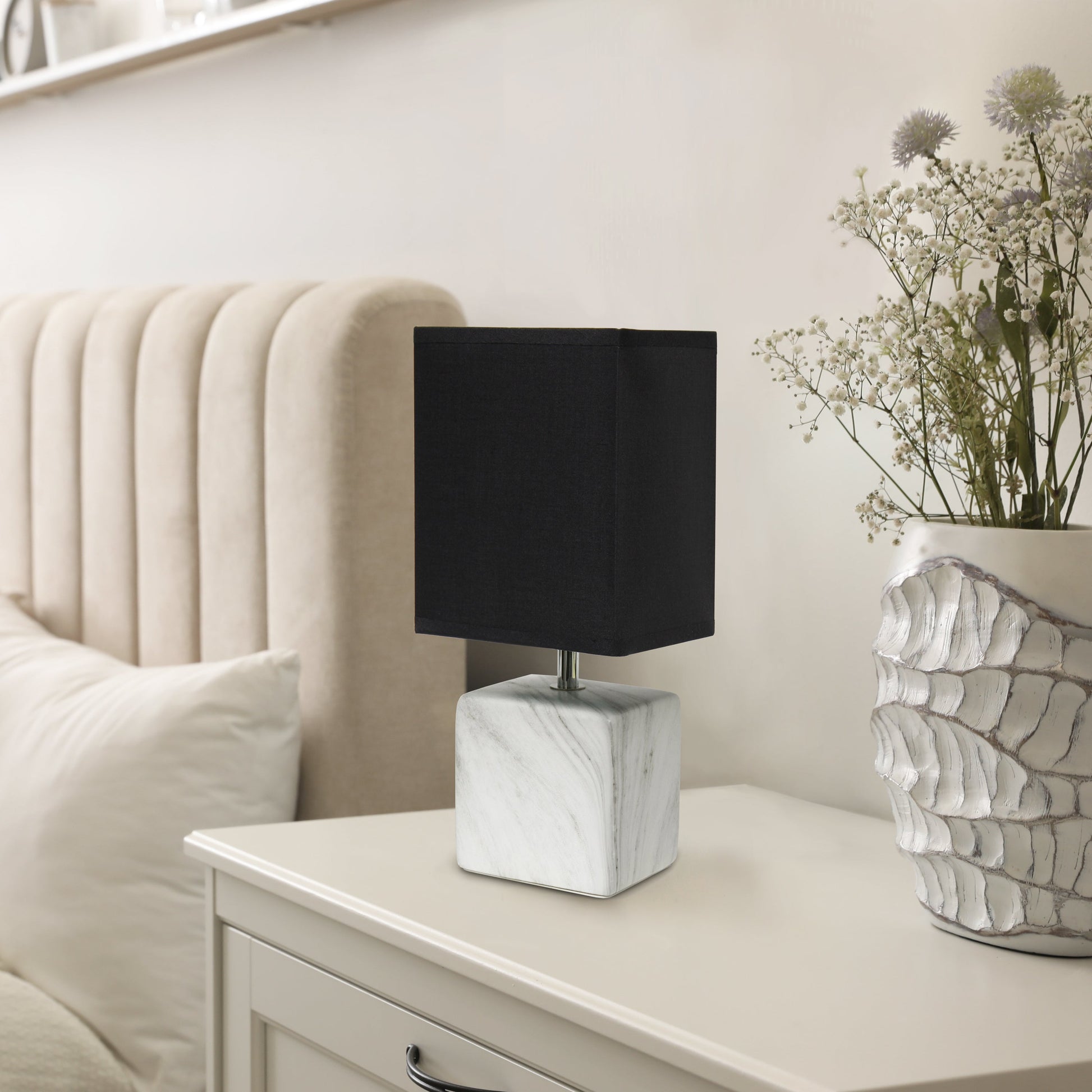 All The Rages Simple Designs White Marbled Ceramic Table Lamp With Black Fabric Shade