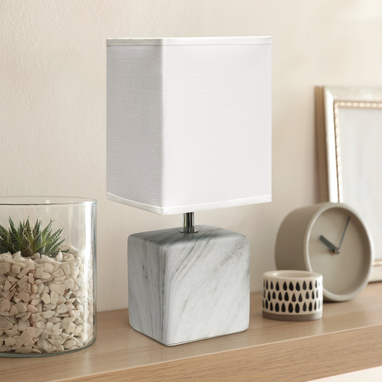 All The Rages Simple Designs White Marbled Ceramic Table Lamp With White Fabric Shade