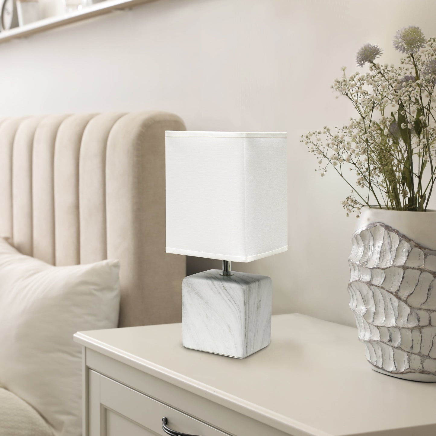 All The Rages Simple Designs White Marbled Ceramic Table Lamp With White Fabric Shade