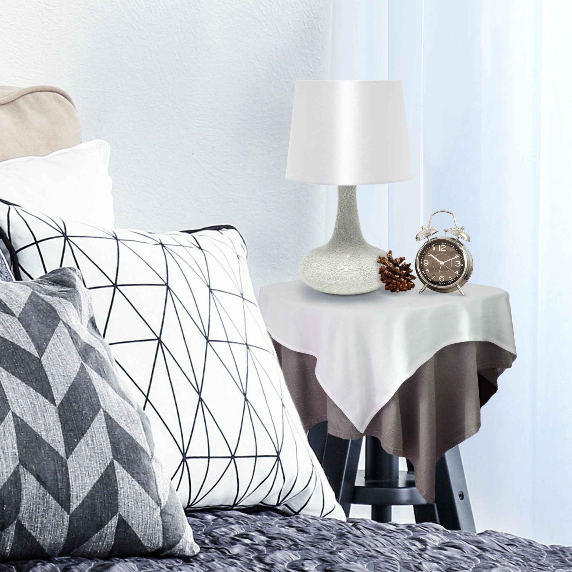 All The Rages Simple Designs White Mosaic Tiled Glass Genie Table Lamp With White Fabric Shade