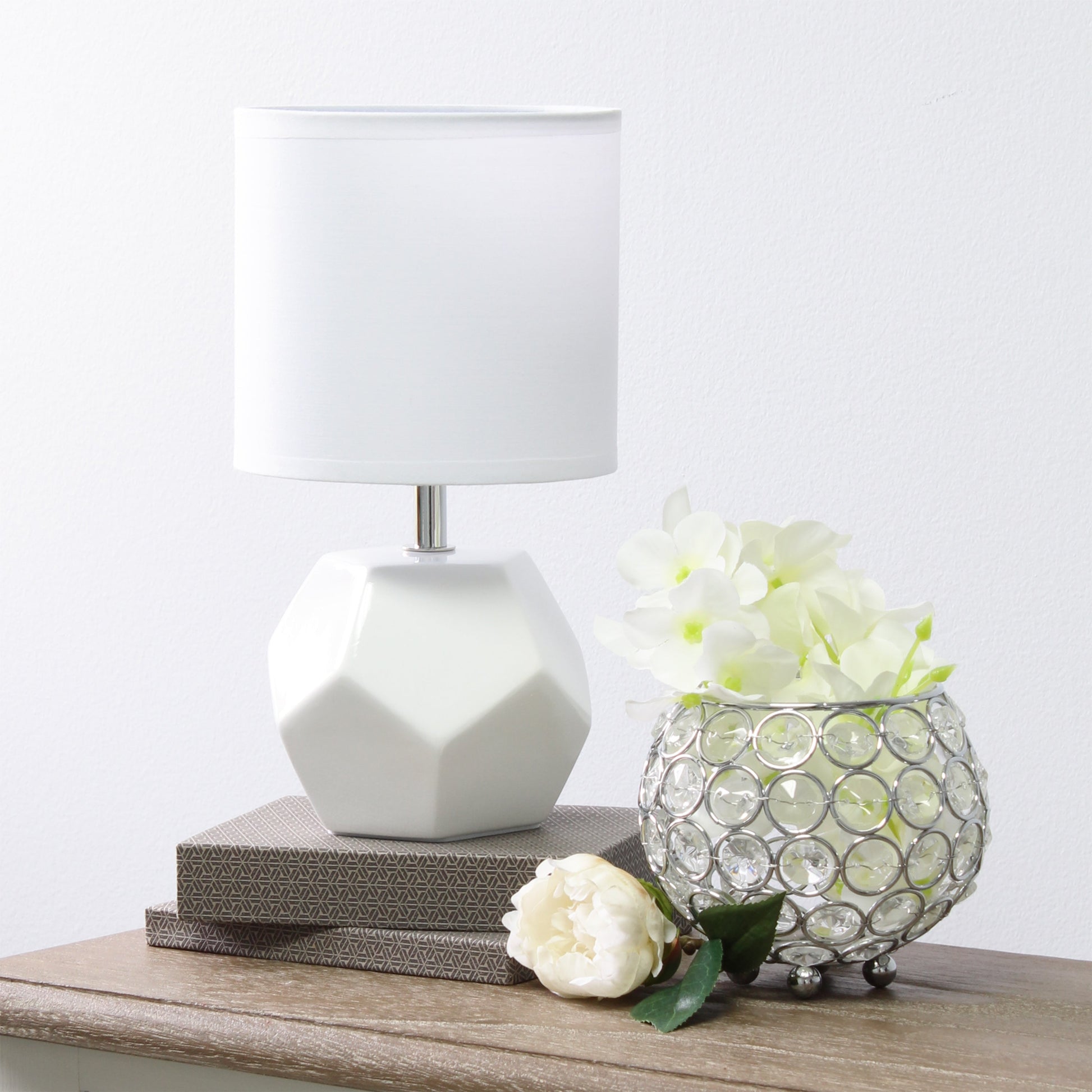All The Rages Simple Designs White Round Prism Mini Table Lamp With Matching Fabric Shade