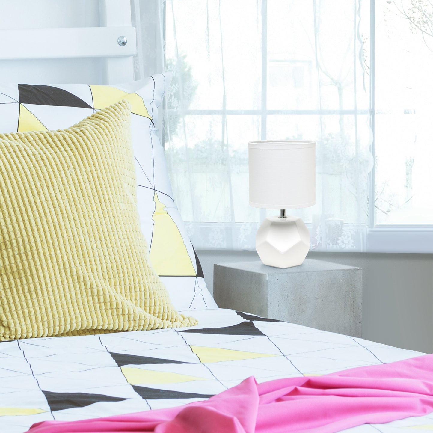 All The Rages Simple Designs White Round Prism Mini Table Lamp With Matching Fabric Shade