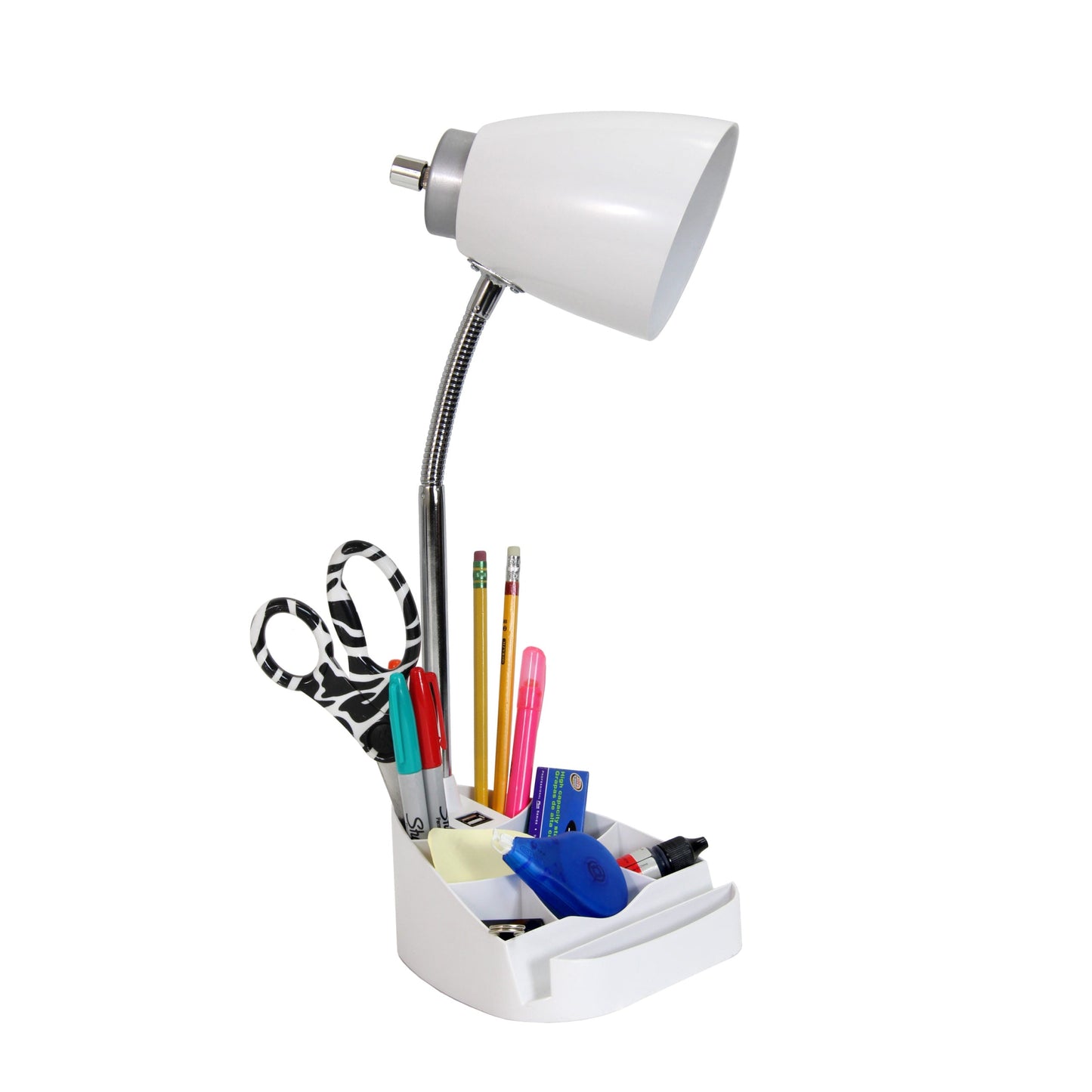 All The Rages Simple Designs White Semi-Flexible Desk Lamp With iPad Tablet Stand Book Holder & USB Charging Outlet
